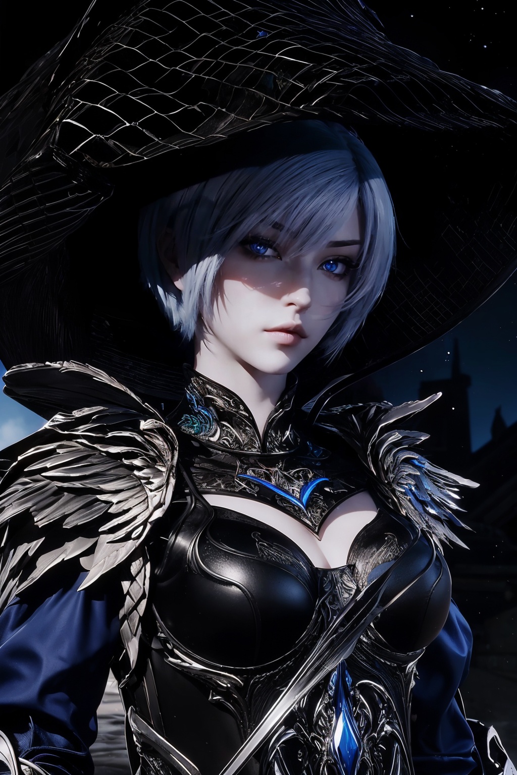 1girl,solo,(hat,hair ornament),jewelry,cleavage cutout,detached collar,dress,armor,looking at viewer,outdoors,(night sky),(((dark magic))),(((dark fire))),upper body,depth of field,Highly detailed,(best quality:1.5,masterpiece:1.5),<lora:20250110-1736495644652-000010:0.85>,fl,
