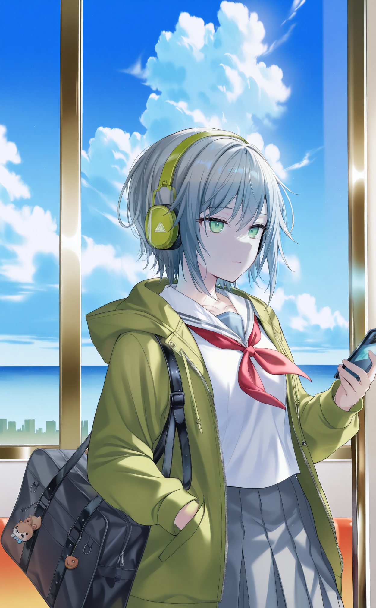 masterpiece,absurdres,best quality,high quality,chromatic_aberration,//,1girl, solo, school_uniform, phone, train_interior, neckerchief, holding, skirt, green_eyes, holding_phone, red_neckerchief, pleated_skirt, headphones, hand_in_pocket, cellphone, short_hair, jacket, grey_hair, serafuku, miyamasuzaka_girls'_academy_school_uniform, hood, bag, sailor_collar, cloud, sky, hooded_jacket, smartphone, green_jacket, open_clothes, school_bag, closed_mouth, white_sailor_collar, shirt, long_sleeves, looking_at_phone, day, blue_sky, open_jacket, collarbone, cowboy_shot, grey_skirt, ocean, hood_down, window, shoulder_bag, expressionless//,//,<lora:timmoo——【CKXL】hans:1>,