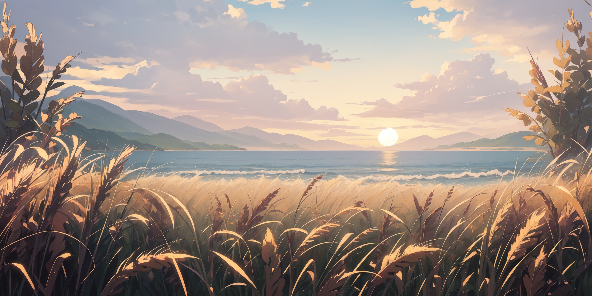 scenery,outdoors,light particles,beautiful detailed sky,beautiful detailed glow,best shadow,panorama,(Wheat, Fields, Sunset, Colors, Horizon, Harvest, Serenity, Beauty:1.3),(Calm sea, Kayaking, Twilight, Adventure, Tranquility, Scenic view:1.2),(Olive trees, Tuscan villa, Rolling hills, Harvested olives, Warm sunlight, Cypress trees:1.1),(masterpiece, best quality, beautiful and aesthetic:1.3),extremely detailed CG,ultra-detailed,beautiful concept illustration,illustration,extremely fine and beautiful,perfect details,<lora:YOUHUA-000018:1>,oil painting \(medium\),