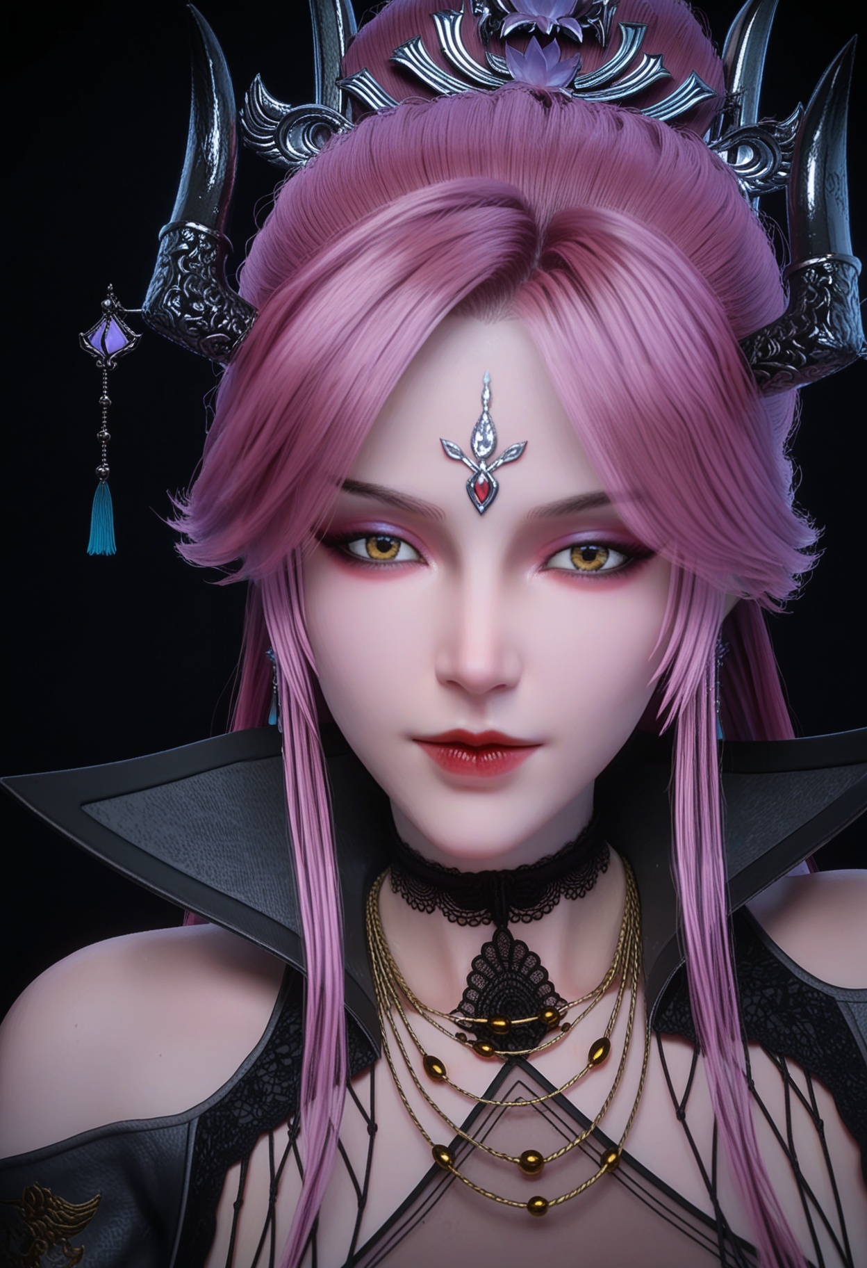 (upper_body:1.2),score_9,score_8_up,masterpiece,(best quality),intricate details,1girl,facing viewer,(looking at viewer:1.1),<lora:YQ_pony_manluo_V4:0.9:lbw=1,1,1,1,1,1,1,1,1,0.8,0.8,0.1>,q1528437228,1girl,solo,long hair,pink hair,jewelry,horns,hair ornament,earrings,choker,dress,makeup,necklace,red lips,red hair,purple hair,black dress,forehead mark,black high heels,yellow eyes,high collar,black choker,brown eyes,pantyhose,hair bun,black pantyhose,hair over one eye,long sleeves,puffy sleeves,eyeshadow,BREAKscore_9,score_8_up,masterpiece,(best quality),perfect anatomy,(hourglass),perfect face,(simple background,pure black background,black background:1.1),fair_skin,shiny_skin,Ivory_skin,