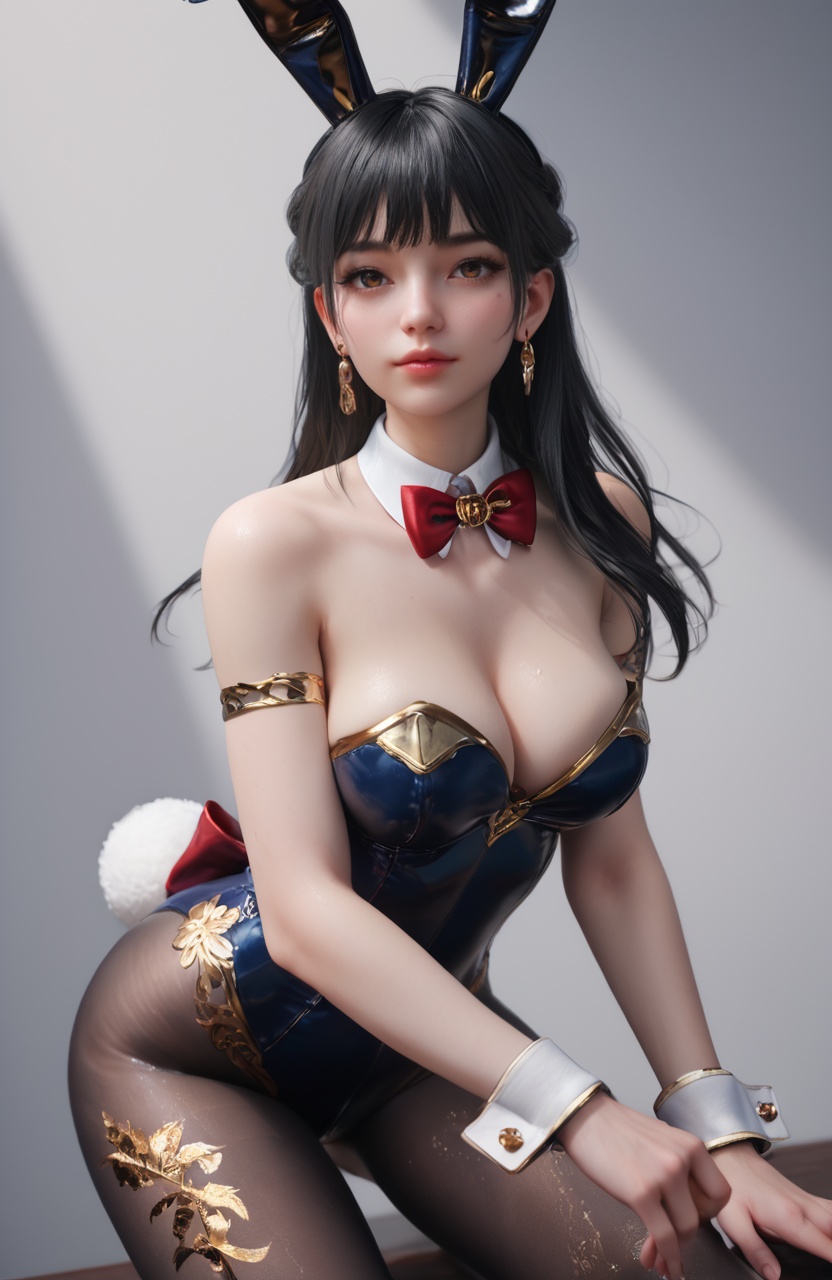 supermodel,score_8_up,score_7_up,hyperdetailed,hyperrealistic,volumetric lighting,focus on face,textured skin,eye lighting,SkinHairDetail,zPDXL,very attractive,Expressiveh,realistic skin,score_9,score_8_up,score_9,score_8_up,1 girls,high cold face,yujie,perfect round large,breasts,jewelry,beautiful eyes,detailed eyes,<lora:wppf2:0.7>,bangs,bare shoulders,black hair,black pantyhose,breasts,cleavage,detached collar,earrings,fake animal ears,fake tail,jewelry,leotard,lips,long hair,medium breasts,mole,pantyhose,playboy bunny,rabbit ears,red bow,strapless,strapless leotard,tail,wrist cuffs,