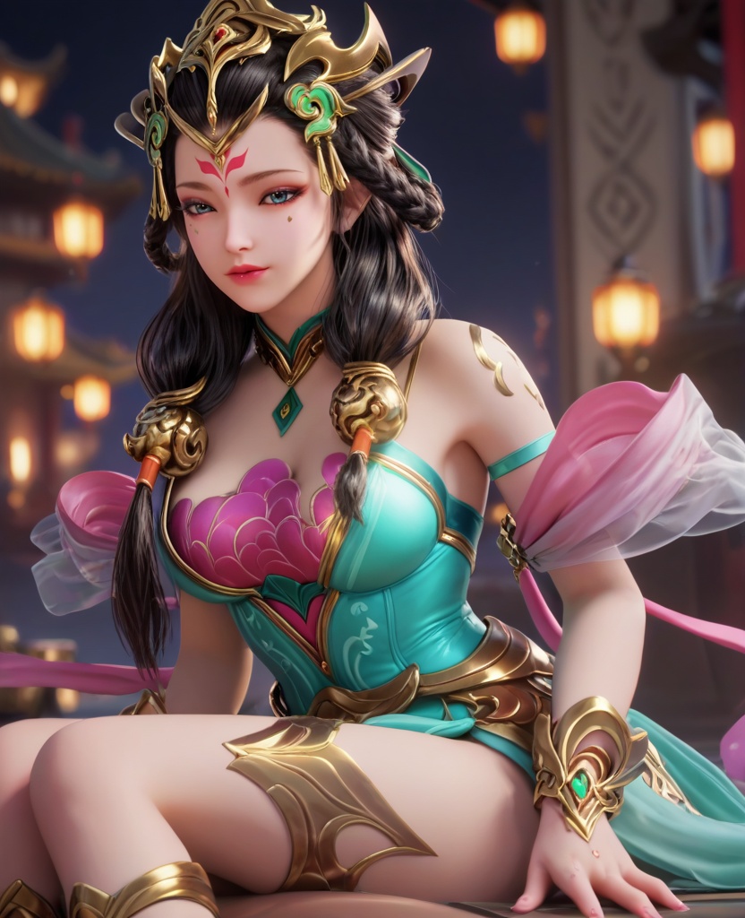 (oriental architecture, elegant decor, sophisticated style:1.1),(sitting:1.1),(breasts:1.2),(veil:1.1),<lora:XL16王者荣耀杨玉环:0.95>,miss yangyuhuan,green stain mermaid evening gown,pink bra,blue eyes,mole under eye,eyeshadow,forehead mark,black hair,long hair,braid,hair ornament,makeup,bare shoulders,pink silk shawl,bracelet,belt,anklet,, score_9,score_8_up,score_7_up,score_6_up,score_5_up,score_4_up,3d rendering,tag1,tag2, Cinematic Lighting,backlighting,, zPDXL3, zPDXL2,zPDXL, zPDXLxxx, zPDXLrl,