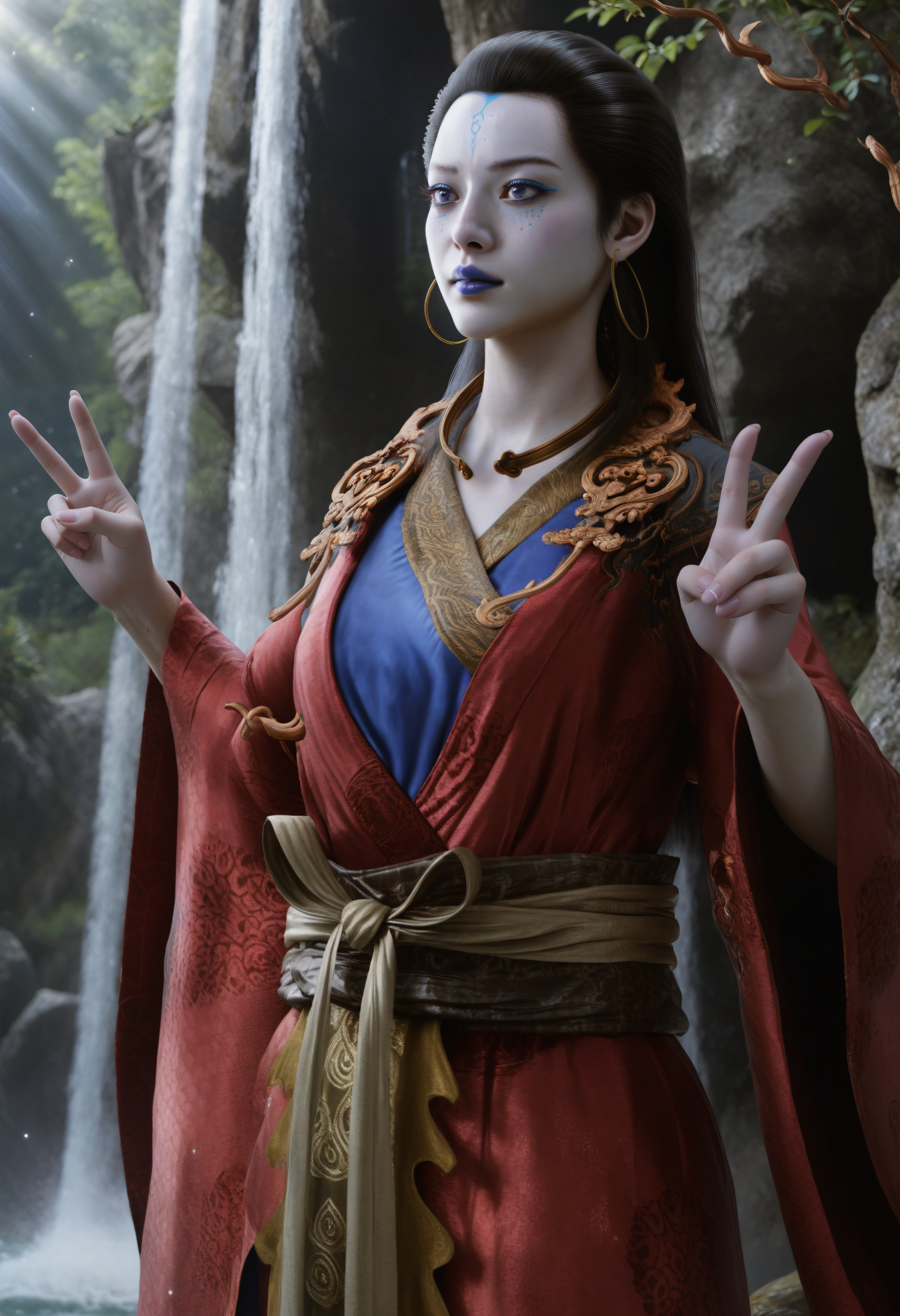 (score_9),<lora:亢金龙-Apony:0.85>,kangrixingjun,solo,1girl,black hair,long hair,hoop earrings,makeup,forehead mark,blue lips,blue eyeshadow,chinese clothes,branch,open choker,belt,sash,<lora:a修手:0.35>,double v,looking at viewer,outdoors,waterfall,light rays,light particles,softened light,OverallDetail,(Ivory_skin),colored skin,<lora:perfect-eyes:0.8>,<lora:e色温:0.5>,<lora:Expressive_H:0.8>,<lora:SkinRealityOrg_ponyv6_loraplus:0.2>,real skin,realistic,