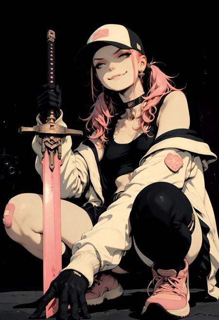 masterpiece, detailed_eyes, high_quality, best_quality, highres, absurdres, 8k, subject_focus, depth_of_field, flat color,, a girl is sitting with bent knees while shouldering a large sword with blue eyes on it, 1girl, weapon, sword, solo, hat, jacket, holding, holding weapon, long hair, holding sword, squatting, earrings, gloves, jewelry, looking at viewer, baseball cap, blue eyes, dynamic pose, foreshortening , detailed shadows, cinematic lighting, sango, aacoral, multicolored hair, pink hair, twintails, hair ornament, bandaid, black eyes, smirk, fang, choker, off shoulder, black shirt, long sleeves, sleeves past wrists, midriff, belt, black skirt, asymmetrical legwear, single leg pantyhose, dutch angle. (side view:0.5)sinozick style, flat color, dark theme, in the style of cksc, illustration, masterpiece, (extremely detailed CG 8k), (very fine 8K CG), (ultra detailed perfect piece:1.2), lat color, no lineart,,(no lineart, flat art style:1.0), NO_LINE_ART, comical, simple, <lora:Sinozick_Style_XL_Pony:0.35> <lora:NOOB_vp1_detailer_by_volnovik_v1:1> <lora:ponyv6_noobV1_2_adamW:0.9> <lora:ck-shadow-circuit-IL:1>