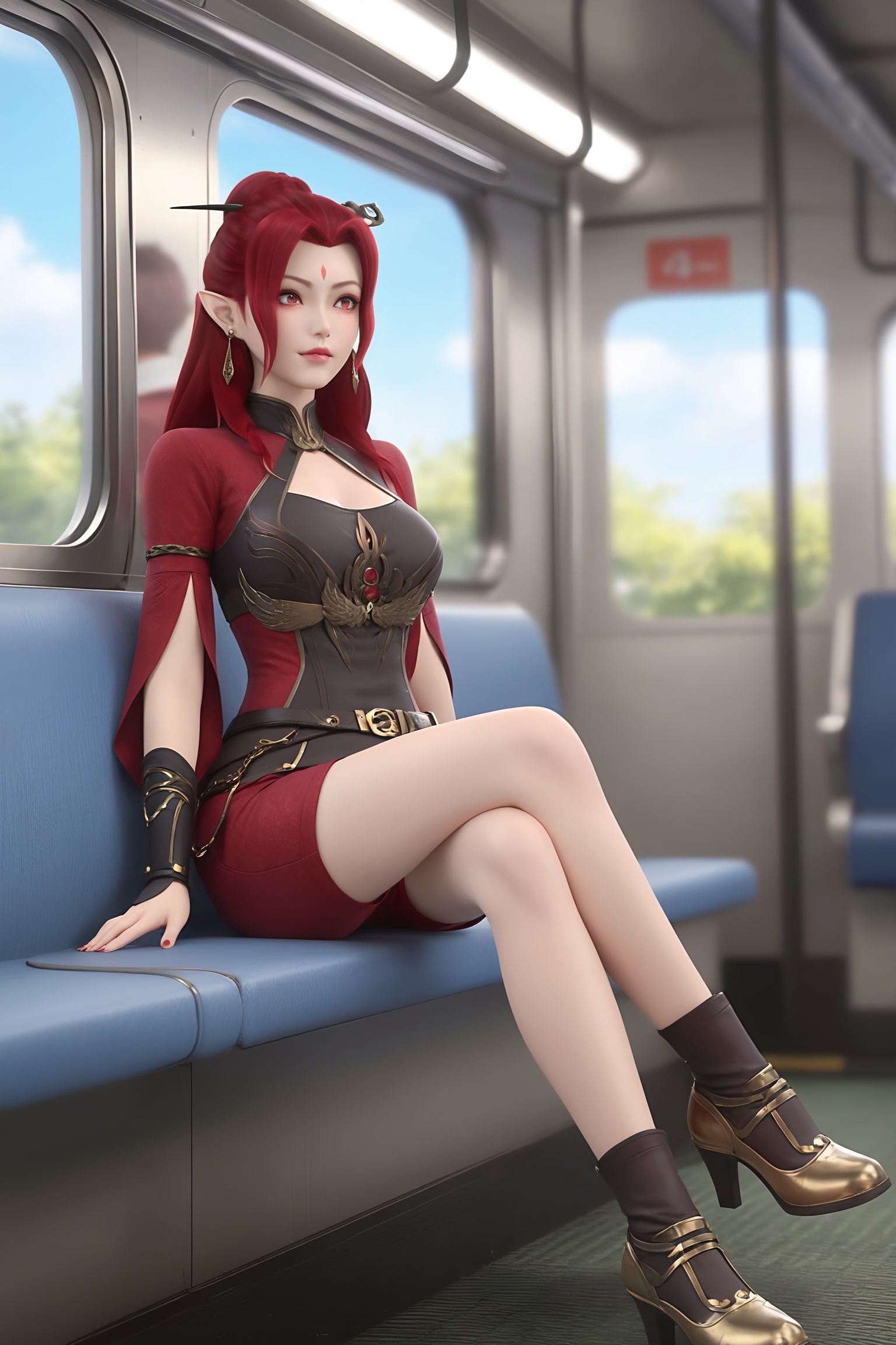 solo,1girl,solo focus,(perfect_anatomy:1.1),(upper_body:1.2),(portrait:1.1),sitting,(train_interior:1.1),(blurry_background:1.2),score_9,<lora:妖神记-花火Pony:0.7>,1girl,red hair,pointy ears,earrings,forehead mark,red eyes,hair ornament,dress,belt,clothing cutout,red shorts,black and golden shoes,