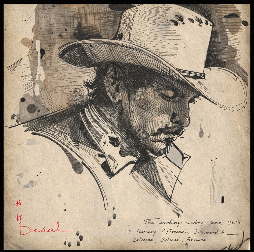 Kaljedef art style: A textured,  layered mixed-media sketch of a cowboy’s face partially obscured by shadow and motion,  r...