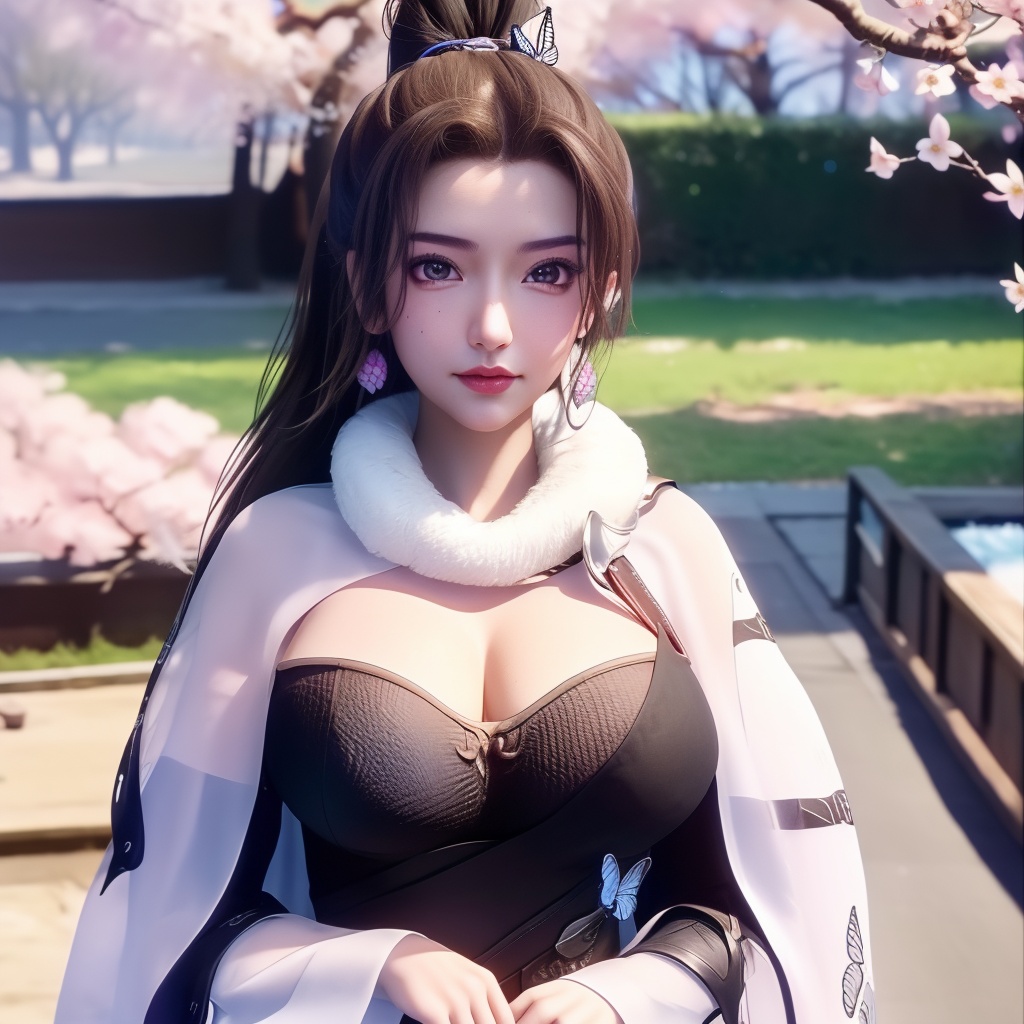 <lora:783-DA-万界至尊-李雪衣-毛领:0.8>, (,1girl, ,best quality, ),looking at viewer,  ultra detailed background,ultra realistic 8k cg,ultra detailed 8k cg,masterpiece,upper body,  (( , )),, ,science fiction,mole, ultra realistic 8k cg, ,    ,outdoors, sun,sunlight, cherry blossoms,      (cleavage),,  (), butterfly,