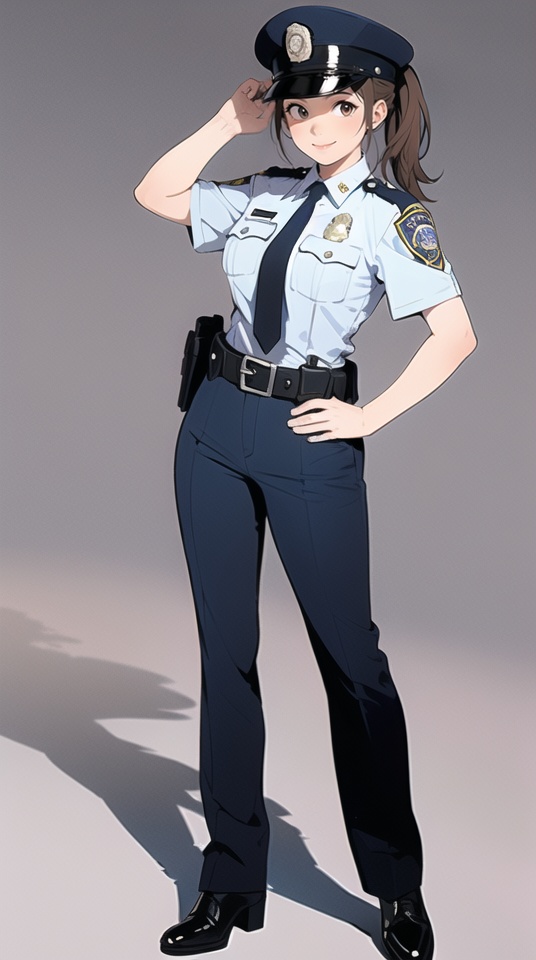 (best quality), ((masterpiece)), (highres), illustration, original, extremely detailed,ooo, 1girl, police, police uniform, policewoman, uniform, solo, police hat, necktie, hat, white background, brown hair, shirt, pants, hand on hip, full body, simple background, belt, looking at viewer, short sleeves, blue necktie, shadow, brown eyes, blue shirt, weapon, standing, ponytail, black footwear, closed mouth, smile, collared shirt, shoes, black belt, long hair, walkie-talkie, gun, black pants