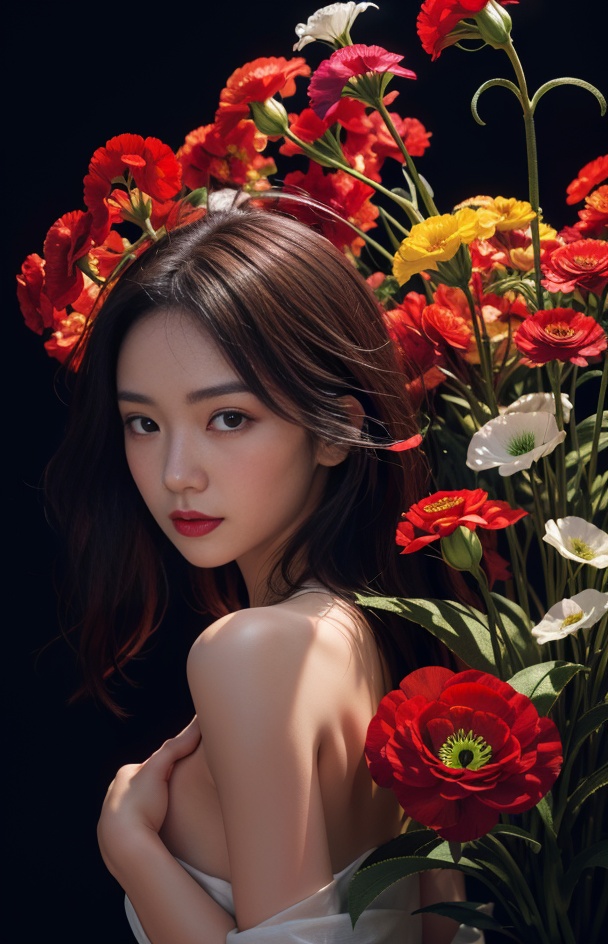 1girl, long hair, flower, Lisianthus, in the style of red and light azure, dreamy and romantic compositions, red, ethereal foliage, playful arrangements, fantasy, high contrast, ink strokes, explosions, over exposure, purple and red tone impression, abstract, whole body capture, , (\meng ze\), Light master