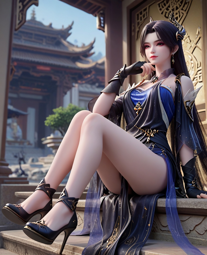 (oriental architecture, elegant decor, sophisticated style:1.1),(thoughtful pose:1.1),looking at viewer,(breasts:1.2),<lora:XL16斗破苍穹曹颖:0.95>,miss caoying,black dress,slip blue dress,brown eyes,red eyeshadow,black hair,very long hair,hair ornament,earrings,jewelry,fingerless gloves,black heels,, score_9,score_8_up,score_7_up,score_6_up,score_5_up,score_4_up,3d rendering,tag1,tag2, Cinematic Lighting,backlighting,, zPDXL3, zPDXL2,zPDXL, zPDXLxxx, zPDXLrl,