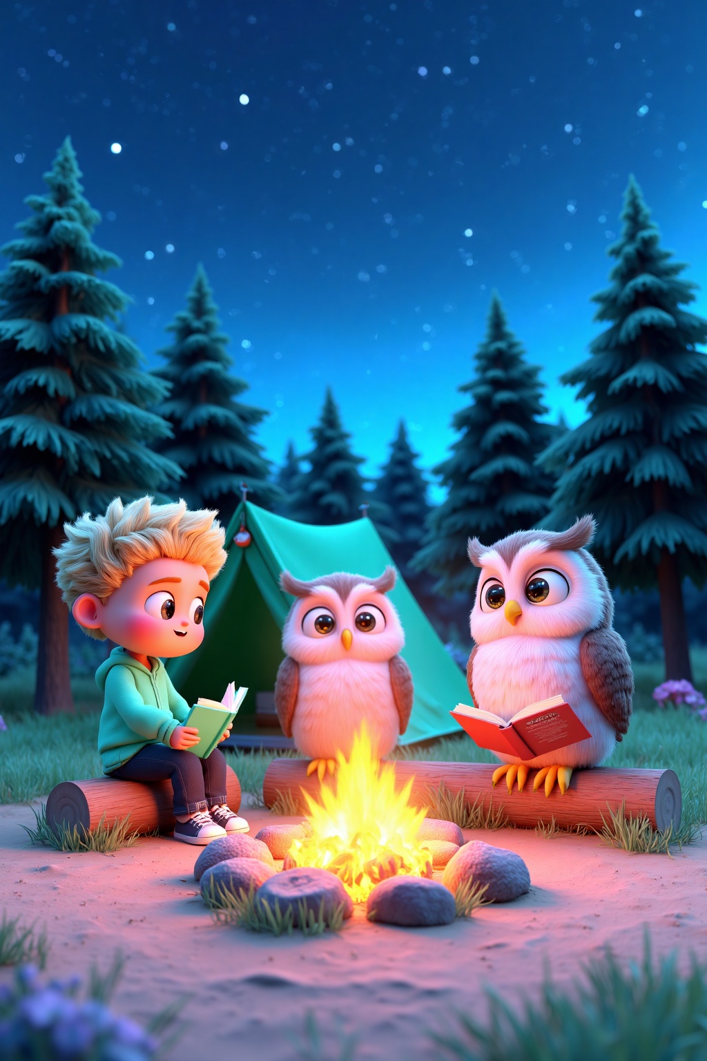 beijihui,Captured at eye-level on a vibrant day, three cartoon characters are sitting on logs in front of a campfire. The owl on the right is reading a book, while the owl in the middle is looking at the camera. On the left, a boy with blonde hair and a green shirt is sitting on a log. In the background, a green tent is set against a backdrop of pine trees. The sky is a deep blue, with white stars dotting the scene.