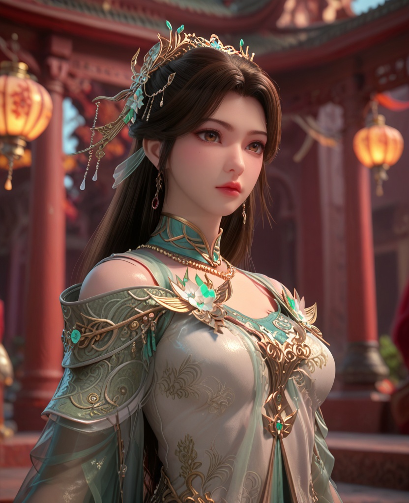 (oriental architecture, elegant decor, sophisticated style:1.1),(one arm behind her back:1.1),(breasts:1.2),<lora:XL百炼成神溪幼琴:0.9>,miss xiyouqin,long hair,flower jewelry,brown hair,hair ornament,dress,earrings,green dress,bracelet,necklace,brown eyes,, zPDXL2, score_9, score_8_up, score_7_up BREAK realistic, masterpiece,best quality, highly detailed,, zPDXL3, zPDXL2,zPDXL, zPDXLxxx, zPDXLrl,