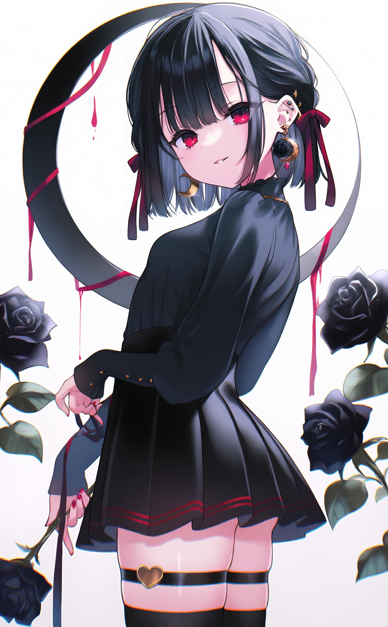 masterpiece,highres,absurdres,newest,best quality,loli,petite,high quality,chromatic_aberration,shiny_skin,//,1girl, black_flower, solo, black_rose, flower, crescent_earrings, black_hair, skirt, holding_flower, red_eyes, rose, thighhighs, jewelry, earrings, black_thighhighs, crescent, looking_at_viewer, black_skirt, ribbon, red_nails, shirt, long_sleeves, holding, simple_background, breasts, thigh_strap, short_hair, nail_polish, smile, braid, hair_ribbon, pleated_skirt, white_background, black_shirt, red_ribbon, medium_breasts, ear_piercing, shirt_tucked_in, high-waist_skirt, from_side, parted_lips, piercing, cowboy_shot, zettai_ryouiki//,<lora:nekoyashiki_pushio——【noob】hans:1>,