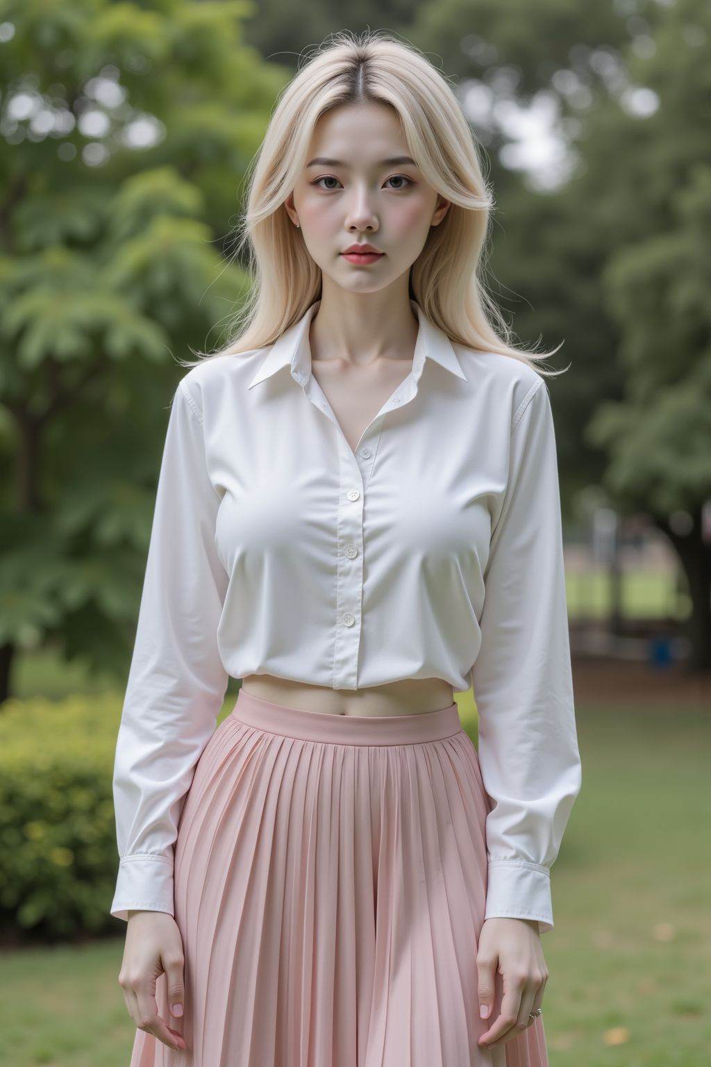 realistic, full body, pale skin, thin, slim, shirt, pleated skirt, outdoors,