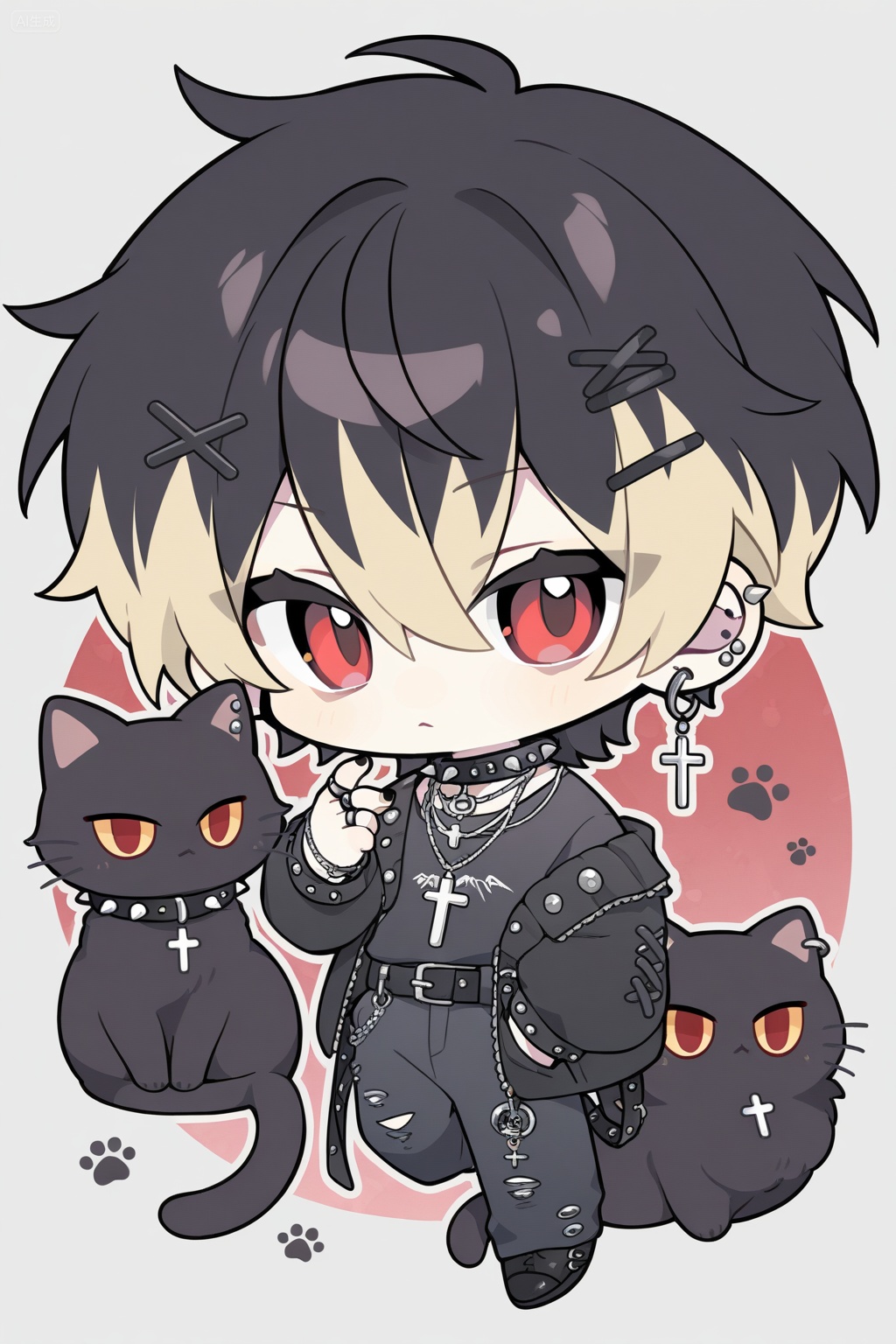 solo,, short hair,, blonde hair,, black hair,, hair ornament,, red eyes,, 1boy,, hair between eyes,, jewelry,, male focus,, multicolored hair,, earrings,, necklace,, collar,, piercing,, cat,, ring,, cross,, x hair ornament,, ear piercing,, black nails,, spikes,, black cat,, spiked collar,, (chibi:1.2),, Negative prompt: ng_deepnegative_v1_75t,(badhandv4:1.2),EasyNegative,(worst quality:2),,nsfw, Steps: 35, Sampler: Euler a, CFG scale: 7.0, Seed: 14159469, Size: 1024x1536, Model hash: e645ee1569, Model: Anime Model-Illustrious_v1.00.safetensors, Denoising strength: 0.0, Clip skip: 2, ENSD: 31337, RNG: CPU, Lora 1: 【ELK】QQ小人, Lora Hash 1: 91e7719d06, Lora Weight 1: 0.8, vae_name: automatic