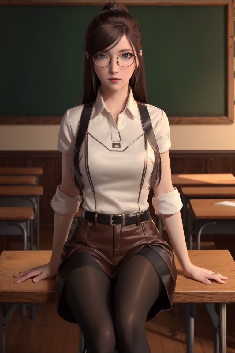 ((HRD, HUD, 8K)),((masterpiece, best quality)), highly detailed,1girl, solo, long hair, black hair, brown hair, bangs, ponytail, lips,glasses, round eyewear,(white shirt:1.2), black pantyhose,simple background, classroom, chalkboard, cowboy shot, sitting on chair, looking at viewer,<lora:20240106-1704539405112:0.7>