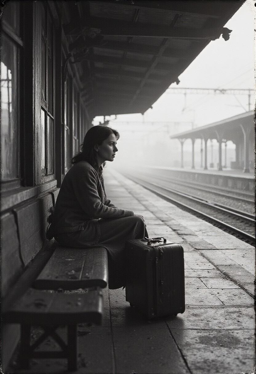 analog_feel,  a forgotten memory of departure,  a young woman sitting on a worn wooden bench at an old train station on Te...