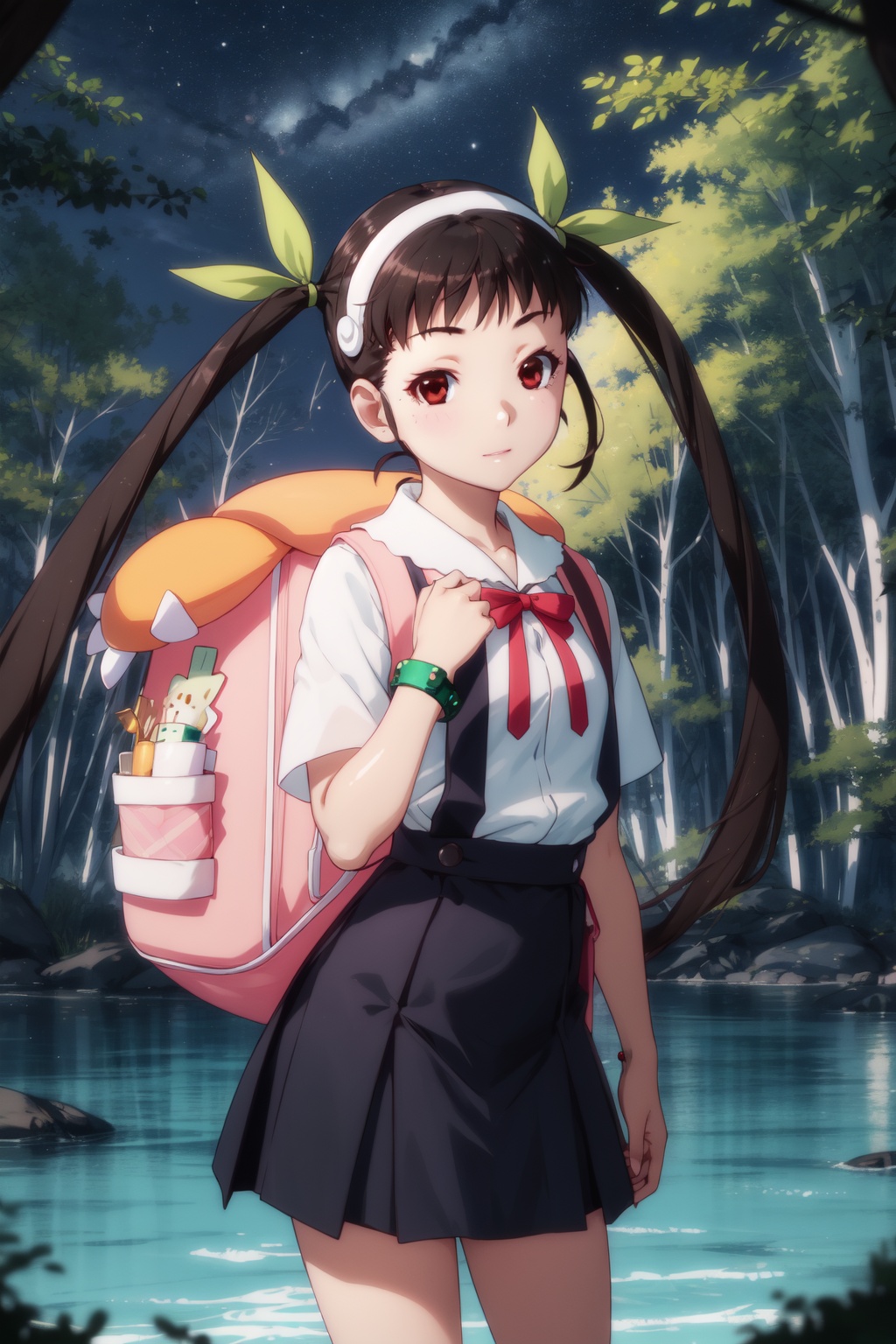 <lora:Hachikuji-000010:0.8>,Hachikuji cyql,1girl,looking at viewer,solo,black hair,long hair,twintails,hairband,ribbon,hair ribbon,green ribbon,red eyes,suspender skirt,backpack,bag,bandaid,bandaid on knee,school uniform,skirt,child,bracelet,Curious, Chin tilted up slightly, eyes wide open, and a slight smile.,bust,beautiful face,beautiful eyes,glossy skin,shiny skin,Mangroves, Forest, Water, Roots, Biodiversity, Wildlife, Serenity, Tides,(Enchanted trees, Fireflies, Glowworms, Magic atmosphere, Twilight hues, Whispers of the forest:0.6),beautiful detailed sky,beautiful detailed glow,posing in front of a colorful and dynamic background,masterpiece,best quality,beautiful and aesthetic,contrapposto,female focus,wallpaper,fashion,