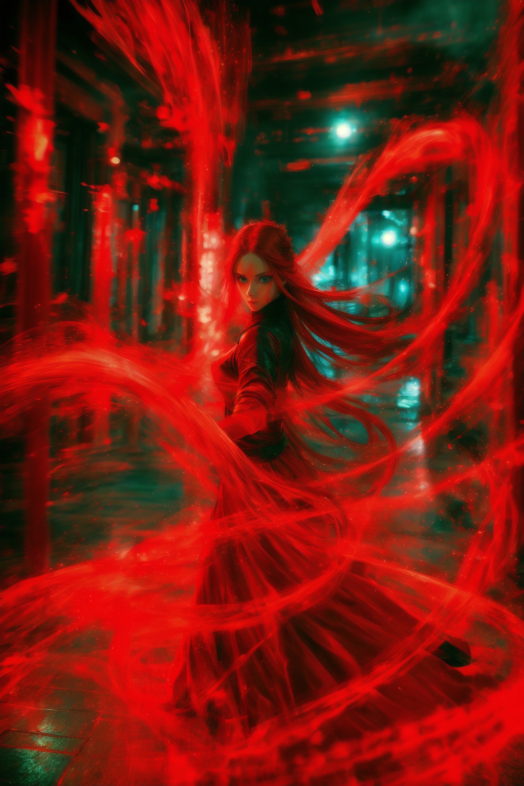 dancing,fighting stance,red-aura,using red-magic,red-magic,1girl,solo,long hair,blue eyes,common face,full body,<lora:magic_fighting_red_512_dreamshaper_8:0.8>,