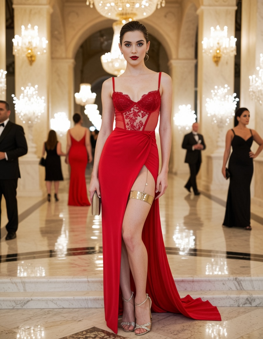 ehlightblend,  A cinematic wide shot of a stunning woman attending a luxury gala event,  pausing on a grand marble stairca...
