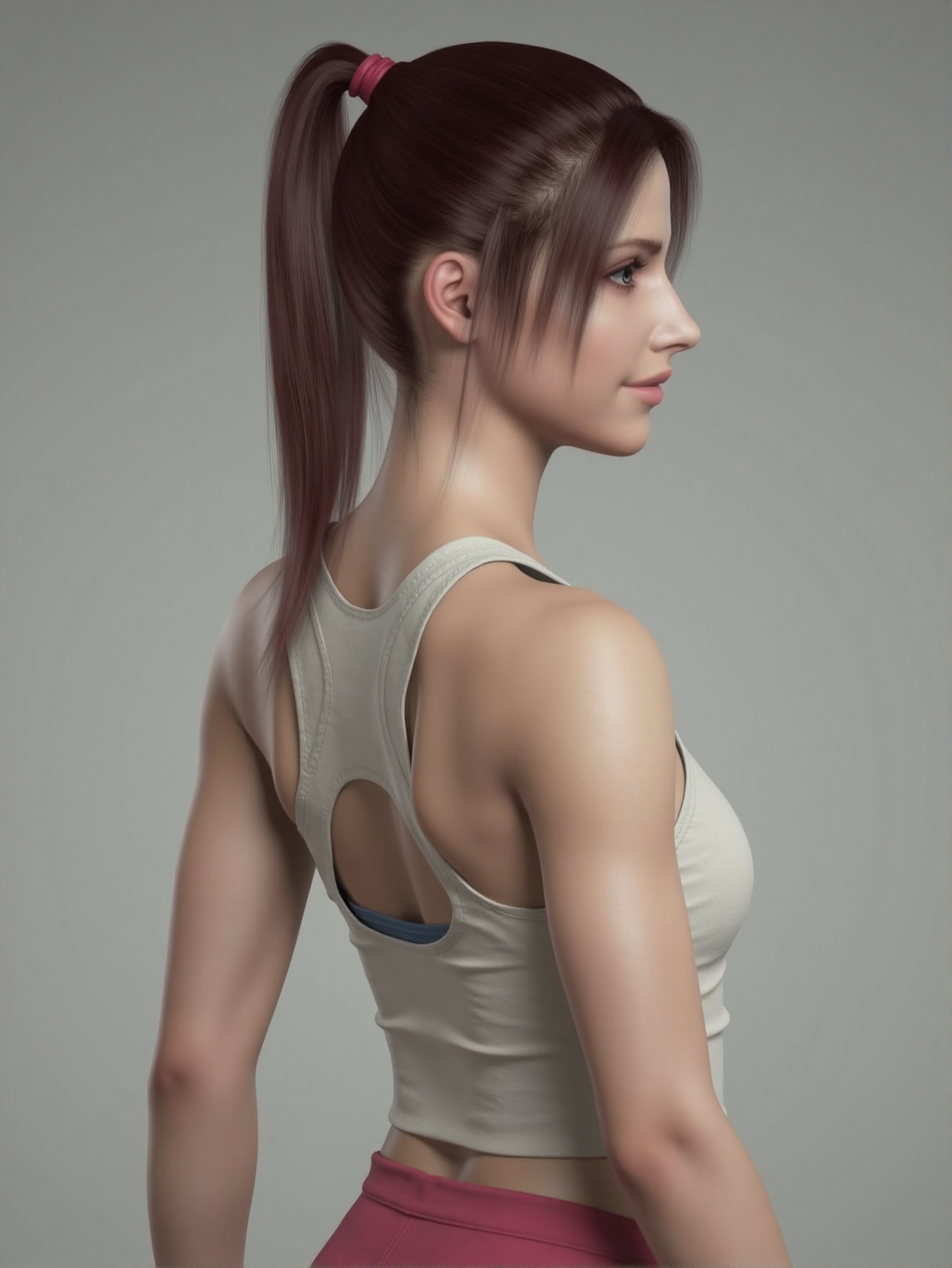 A CGI rendering of the digital image shows a young woman with fair skin,medium-length straight hair tied back,yoga clothes,