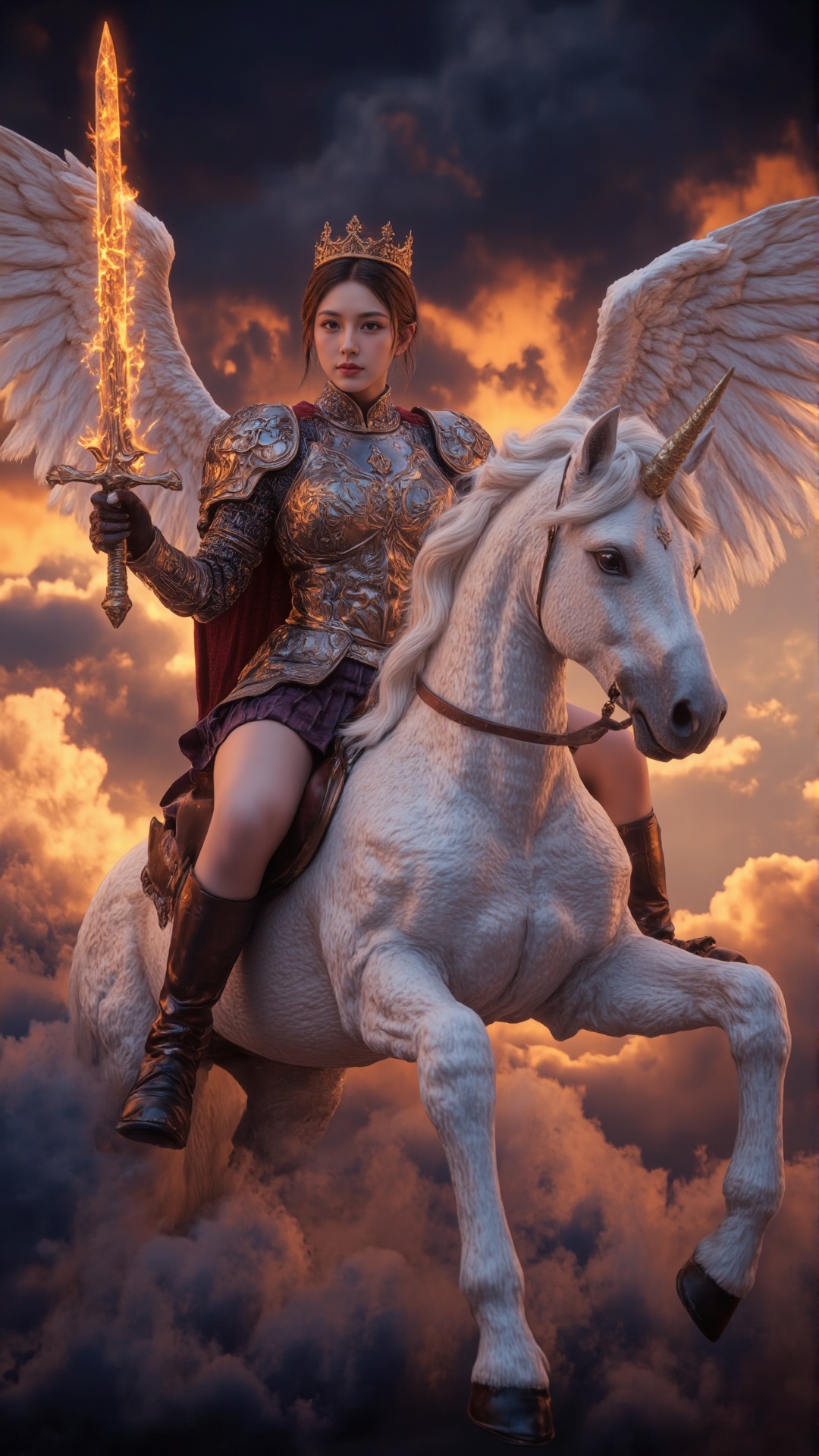 Elegant woman dressed in elaborate medieval breastplates and pleated short skirts,with a crown on her head,riding a white winged unicorn,self-glowing armor,holding a glowing sword in her hand,hands on fire,long legs,dynamic angles,background above clouds,burning clouds,full body,movie background blurred,<lora:fire2:0.7>,