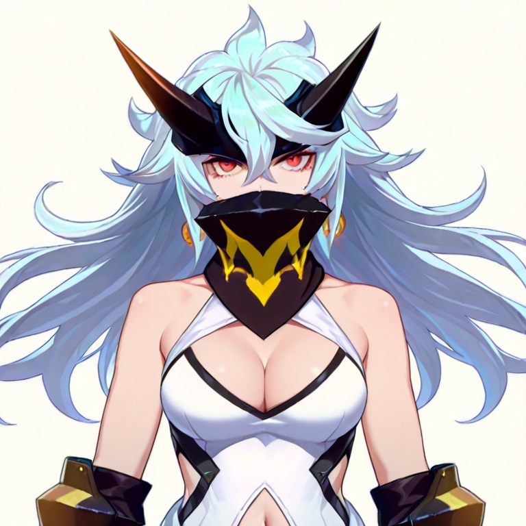 masterpiece, best quality,solo,(white background:1.2),simple background,looking at viewer,    scarf,single thighhigh,boots,japanese armor,leotard,mask,gauntlets,armor,red eyes,hair between eyes,cleavage,messy hair,earrings,gloves,navel,horns,bare shoulders,1girl,white hair,breasts,<lora:死士-双刀型-ill:0.8>