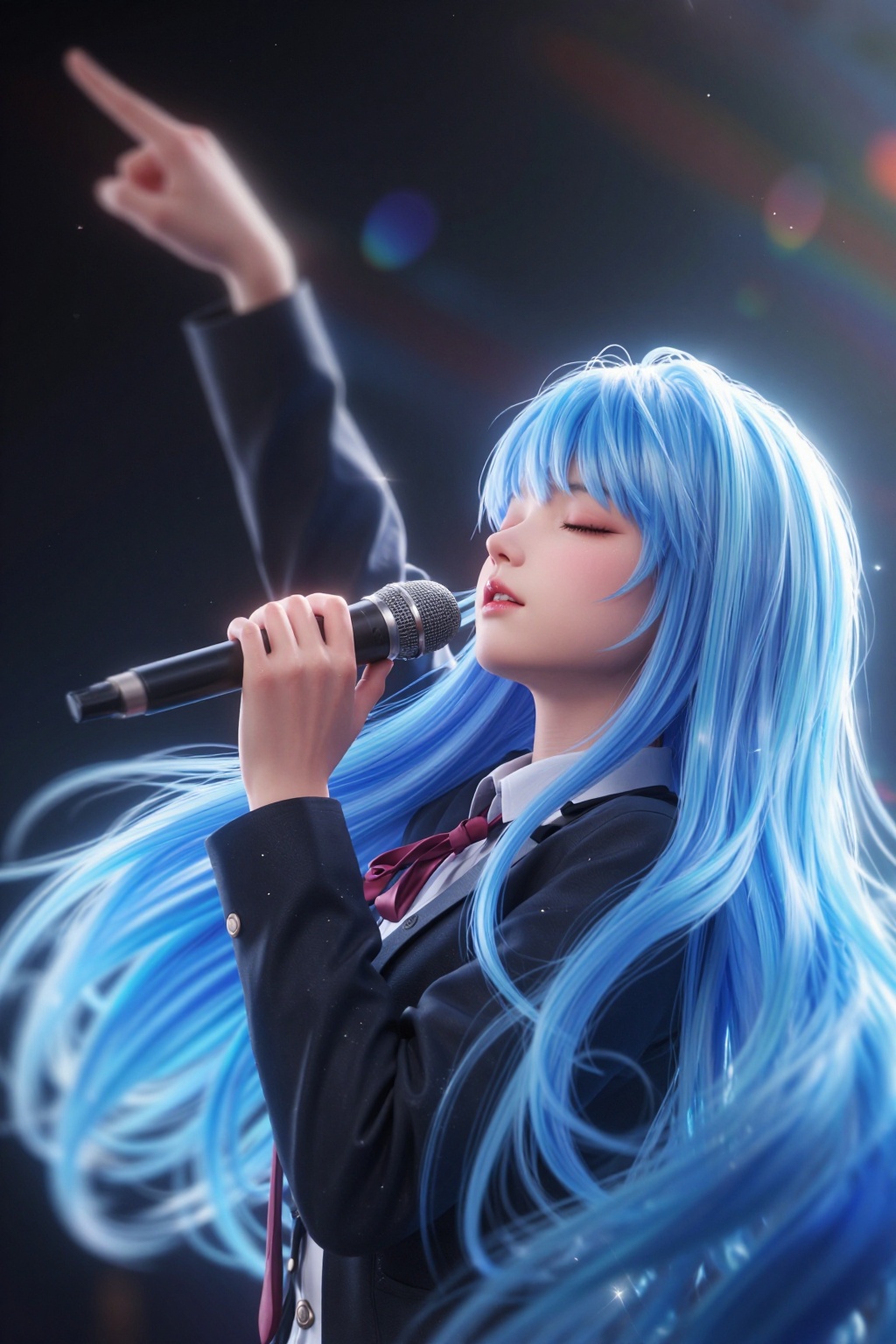 YY Anime style,CG,1girl,*****,side view,long hair,solo,closed eyes,microphone,very long hair,shirt,blue hair,ribbon,jacket,necktie,blurry,blurry background,upper body,facing viewer,black jacket,open mouth,light frown,hands close to microphone,dazzle light:0.3,projectile_sweat,one finger pointing sky,one arm up,