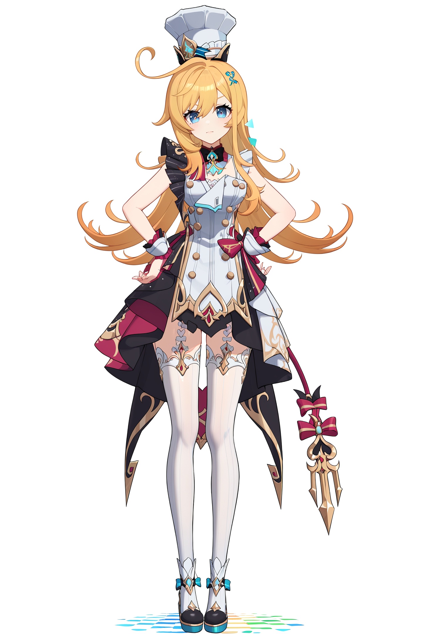 score_9,score_8_up,score_7_up,score_anime,8k,best quality,masterpiece,(ultra-detailed),(high detailed skin),(by nanoless, by misumi \(macaroni\),:0.5),<lora:YLI 0.1v:0.25>,<lora:style1:0.25>,A full-body portrait of a young girl,standing gracefully,pastel art style,high-key lighting,shoujo manga influence,hd quality,delicate details,full body,full shot,standing,looking at viewer,(solo:1.2),simple background,white background,hand on own hip,Digital Deconstruction,Glitch Art,<lora:escoffier-pony-Tanger:0.8>,escoffier \(genshin impact\),clothes: escoffier def white and black dress,escoffier chef's hat,1girl,thighhighs,long hair,ahoge,blue eyes,escoffier fake devil tail,blonde hair,