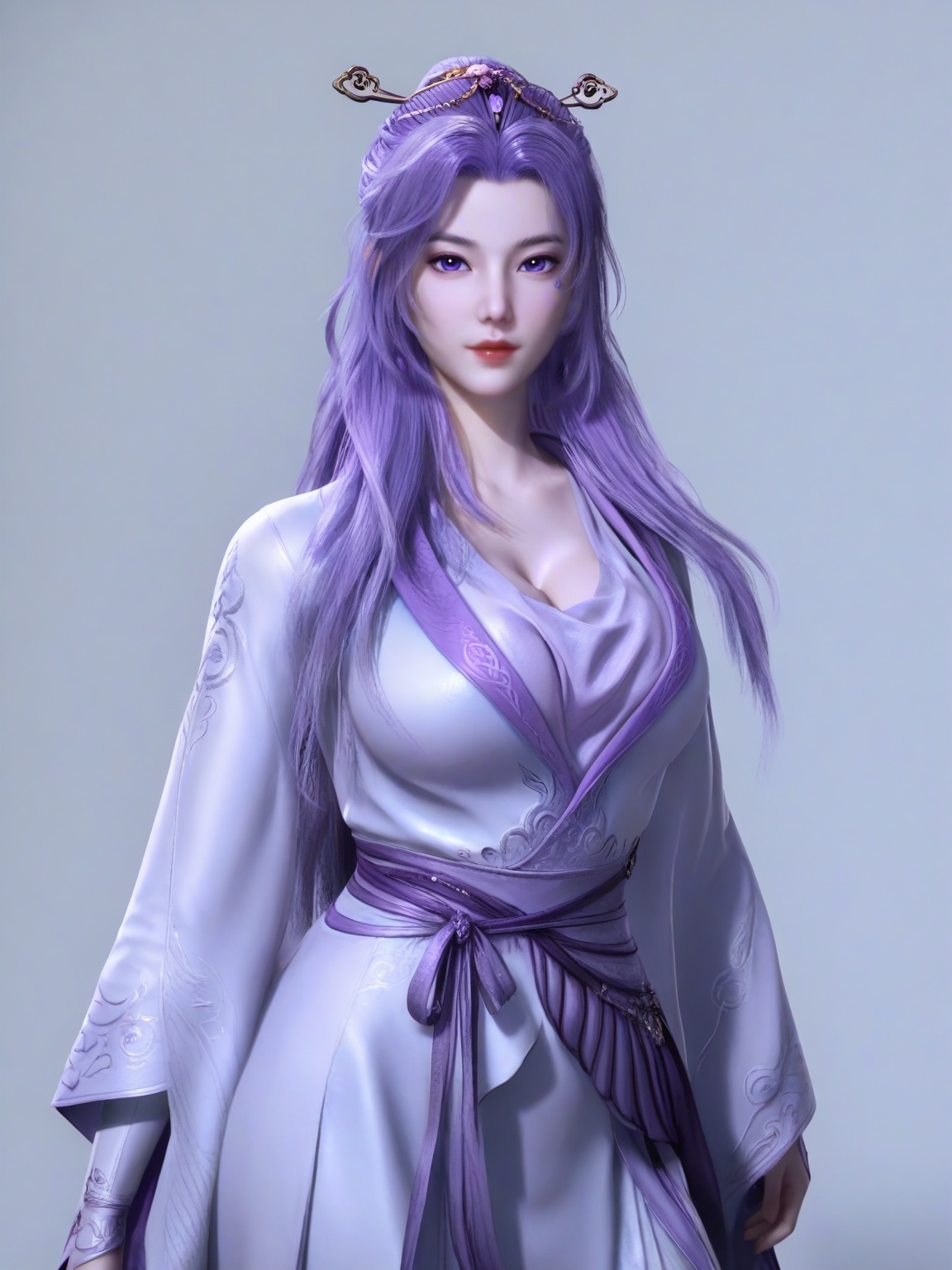 score_9,<lora:SF_YunXiao_Pony_Realism2.3-000004:0.7>,1girl,breasts,large breasts,standing,hair ornament,facial mark,solo,lipstick,long hair, dress,jewelry,purple eyes,purple hair,long sleeves, wide sleeves, cowboy shot,looking at viewer,white background,simple background,