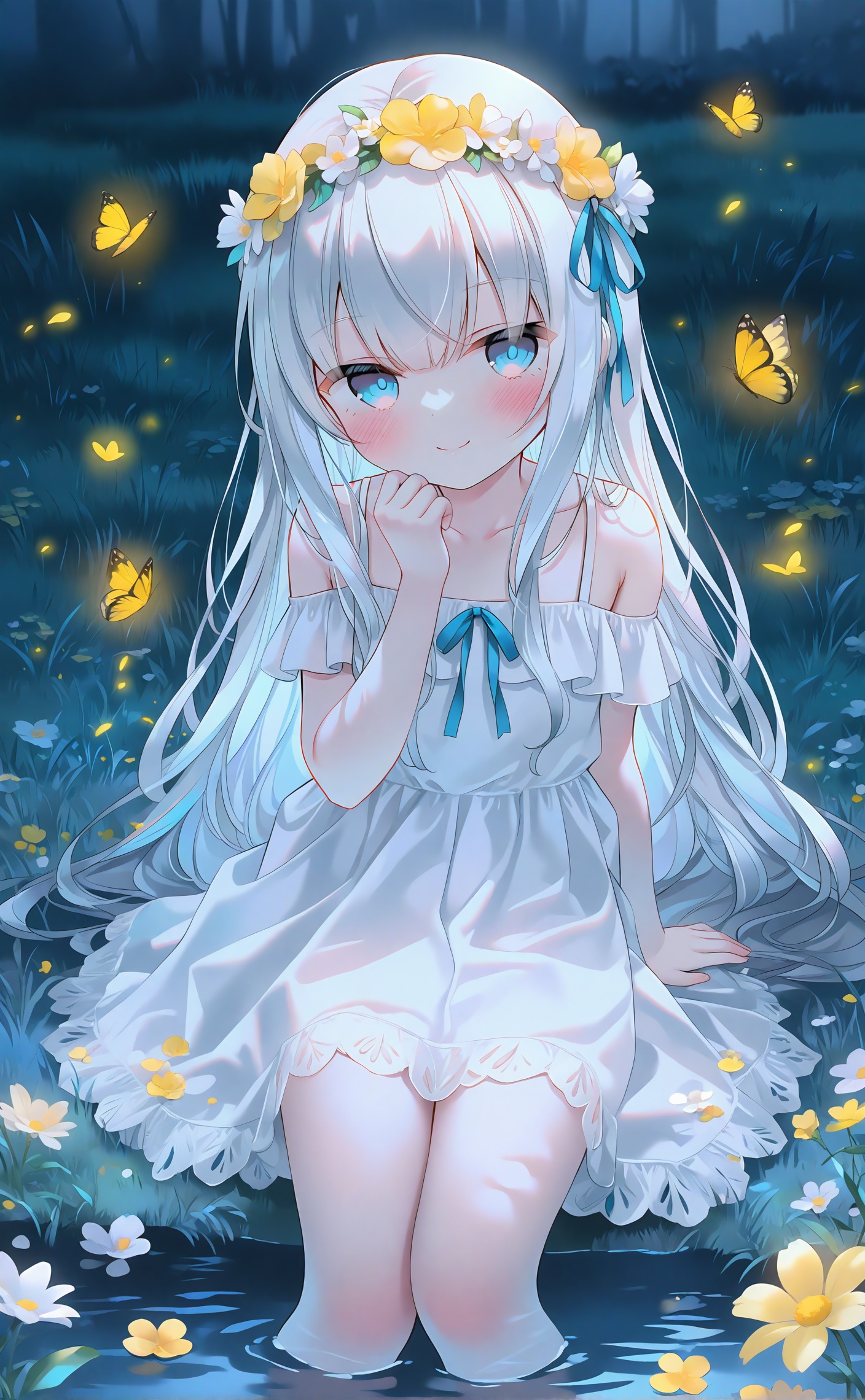 masterpiece,absurdres,best quality,high quality,chromatic_aberration,night,darkness,black theme,photorealistic,high contrast,high saturation,loli,loli,loli,//,1girl,bug,butterfly,solo,long hair,blue eyes,head wreath,smile,white hair,dress,looking at viewer,flower wreath,ribbon,water,sitting,flower,outdoors,grass,blue ribbon,white dress,hair ribbon,blush,off shoulder,day,closed mouth,on grass,yellow flower,off-shoulder dress,bare shoulders,virtual youtuber,petals,white flower,very long hair,yellow butterfly,collarbone,soaking feet,sundress,arm support,grey hair,spaghetti strap,hand up,white butterfly, <lora:Nai4 gzc_mix-000055:1>