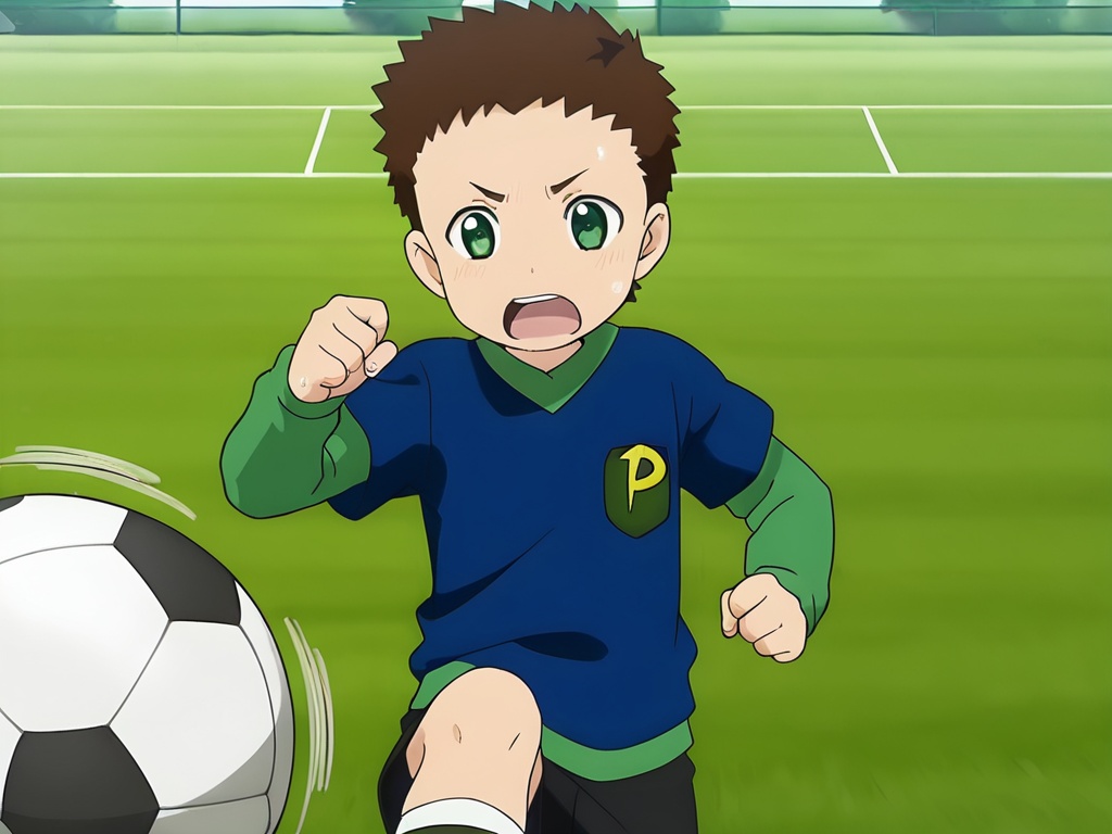 <lora:Ohta_Shou_XL:1>,do not split pictures,best quality,best detail,masterpiece,male focus,soccer field,1boy,male_child,petite,brown hair,dark green eyes,Very short hair,soccer uniform,football shoes,sport socks,sweat,perfect hands,(5fingers:1.3),correct anatomy,soccer ball,play soccer,kicking a ball with feet,huge filesize,available light,close-up,front view,motion_lines,depth of field,motion_blur,