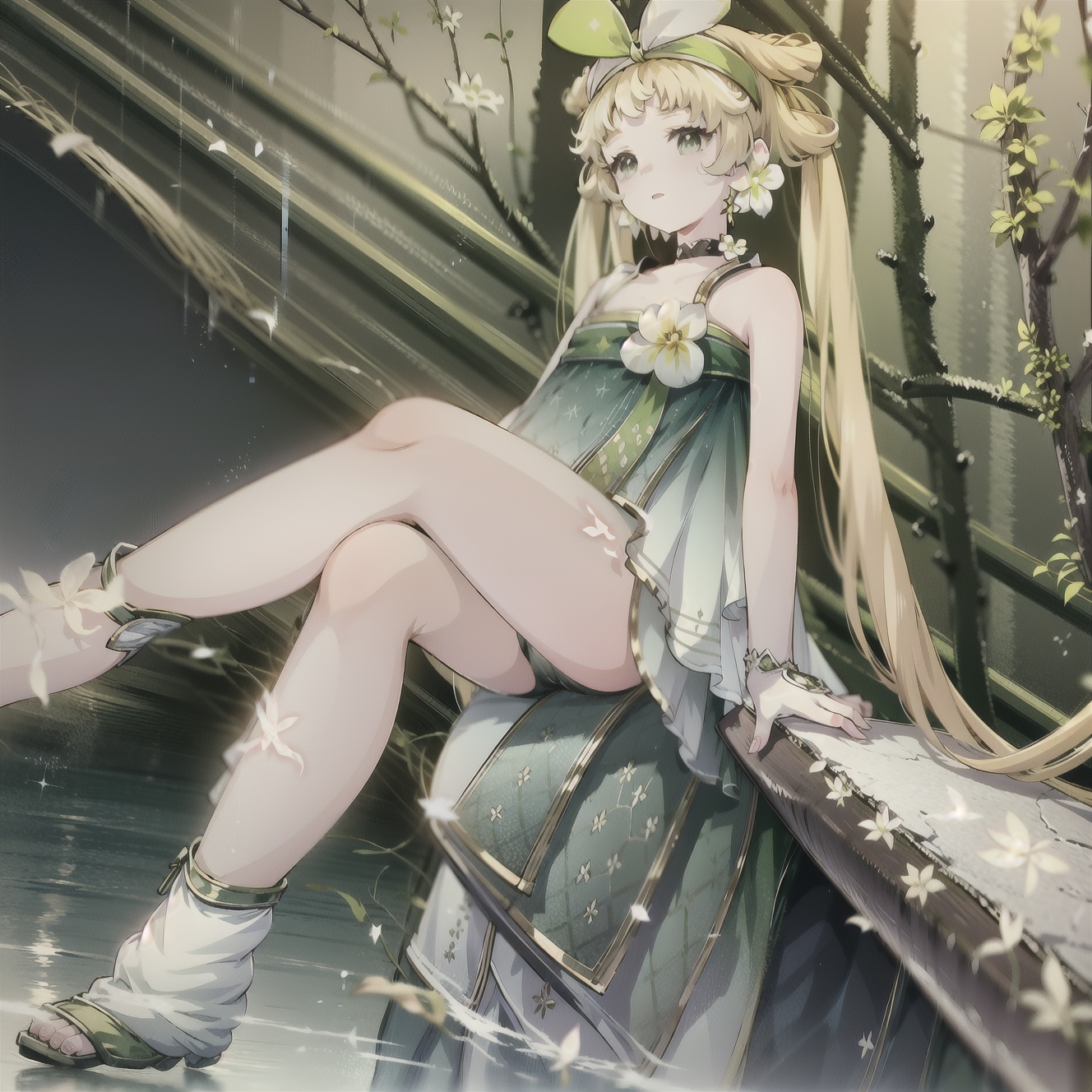 weilinai ，In the forest, by the stream, sitting on a rock.<lora:维里奈:1>,, (masterpiece),best quality,highly detailed,extremely detailed CG unity 8k wallpaper,illustration,highres,absurdres,beautiful detailed hair,shiny skin,