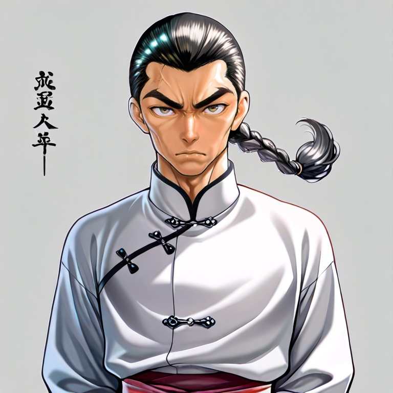 masterpiece, best quality,solo,(grey background:1.2),simple background,1girl,looking at viewer,  lie_haiwang, lie_yongzhou, lie_xiaolong, 1boy, male focus, braid, single braid, black hair, muscular, manly, <lora:烈海王2.0——ill:0.8>
