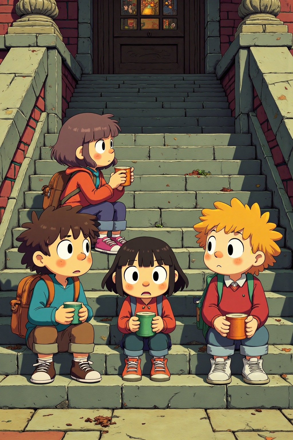beijihui,Captured at eye-level, a cartoon illustration features four cartoon characters sitting on a set of stairs. The first character, a boy with brown hair, a blue shirt, brown pants, a brown backpack, and a pair of white shoes. The second character is a girl with black hair and a red jacket, and she is holding a green cup in her hands. The third character, an orange haired boy, is on the right side of the image, and he is holding an orange cup in his hands. He is wearing a red sweater, blue pants, and white sneakers. He has brown hair and white shoes, and his eyes are open. The fourth character, on the left side, is a boy, wearing a blue sweater and brown pants. His arms are crossed over his chest, while his legs are bent over his knees. He's also wearing a brown pair of shoes, with a white pair of socks on his feet.