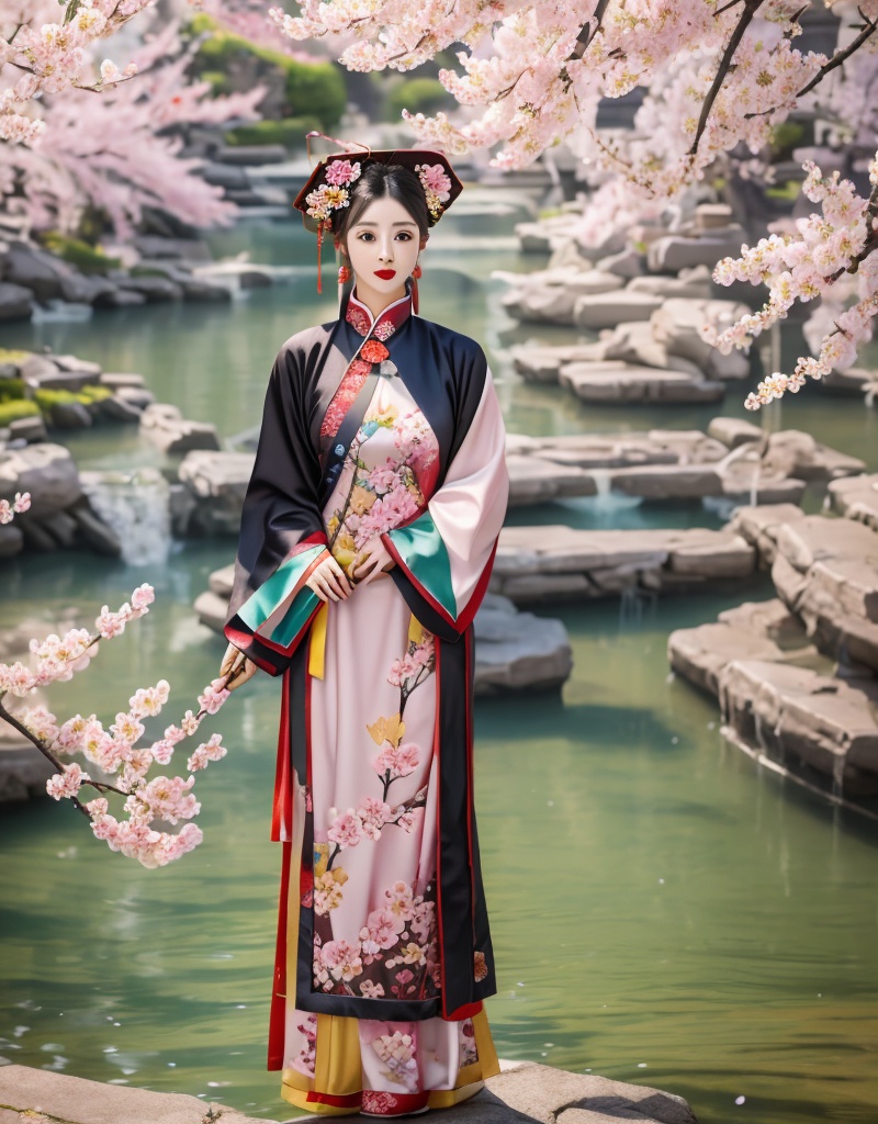 1girl,solo,flower,chinese clothes,jewelry,earrings,holding,hand fan,full body,hair ornament,long sleeves,petals,holding fan,black hair,cherry blossoms,standing,hair flower,pink flower,dress,blurry,red lips,wide sleeves,floral print,hanfu,hat,looking at viewer,lips,updo,realistic,outdoors,animal print,day,shadow,<lora:qing dynasty1:0.8>,<lora:手指u:1>,