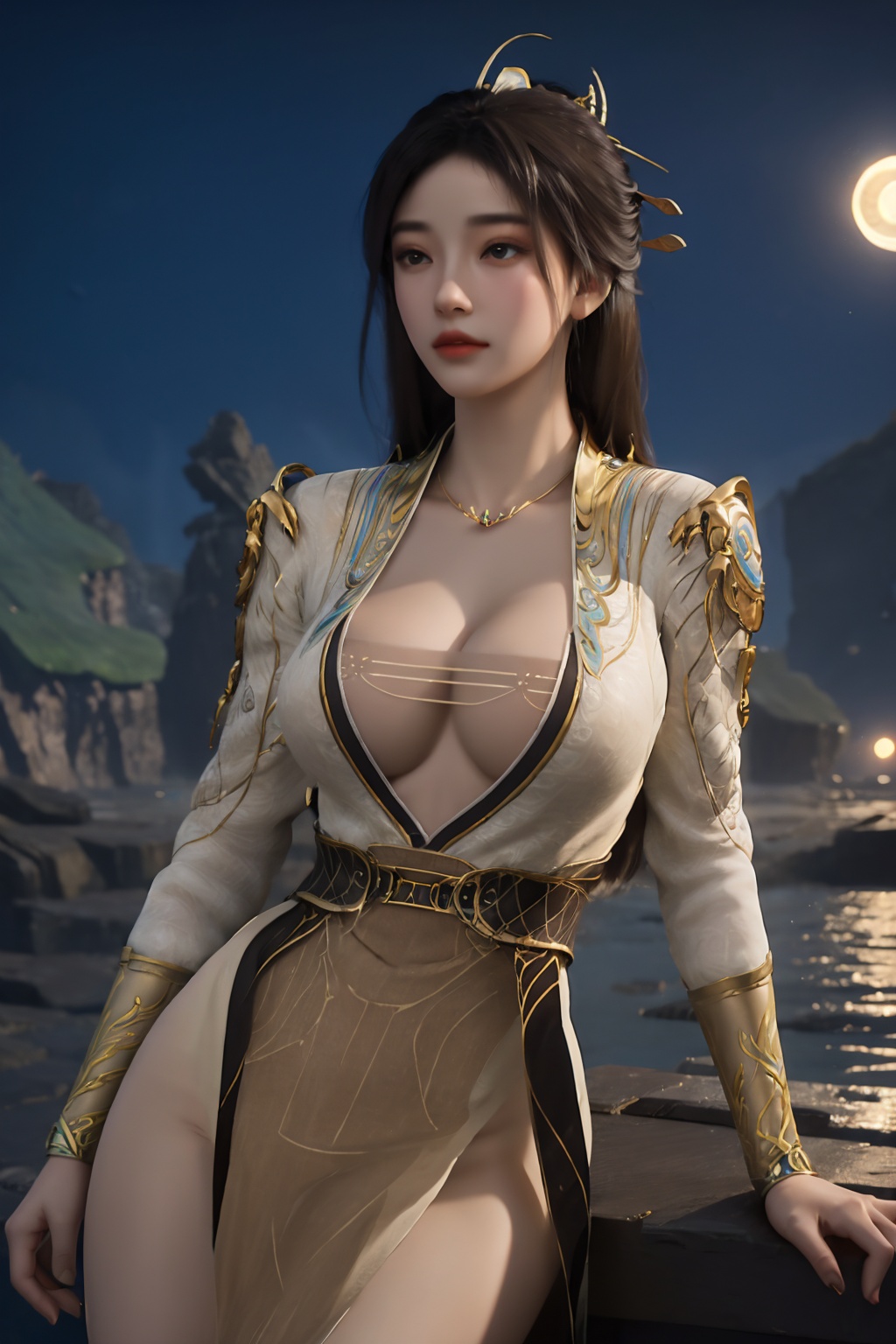 standing,flower,full_moon,moon,night,lily_pad,lotus,moonlight,nipples,water,night_sky,lily_\(flower\),sky,partially_submerged,1girl,solo,hair ornament,long hair,realistic,nail polish,photo_\(medium\),(huge breasts, cleavage),makeup,(8k, RAW photo, best quality, masterpiece:1.2),(realistic, photorealistic:1.3),ultra-detailed,extremely detailed cg 8k wallpaper,(crystalstexture skin:1.2),extremely delicate and beautiful,(sexy pose:1.2),wearing edgHL,see-through,thighhighs,sexy lingerie,(huge breasts:1.2),silk,thin transparent silk,torn pantyhose,