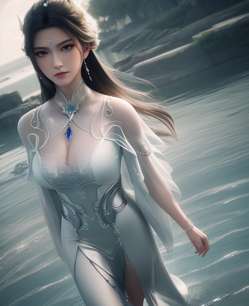 <lora:611-DA-诛仙-陆雪琪-V3:0.8>(,1girl, ,best quality, ),looking at viewer,  ,ultra detailed background,ultra detailed background,ultra realistic 8k cg,, ,masterpiece,((((1girl, solo,  , solo focus, ,walking on liquid, ))))    (cleavage), (), ,ultra realistic 8k cg,   clean, masterpiece,     cinematic lighting, cinematic bloom, , (( , )),,  , unreal, science fiction, luxury, jewelry, diamond, gold, pearl, gem, sapphire, ruby, emerald, intricate detail, delicate pattern, charming, alluring, seductive, erotic, enchanting, hair ornament, necklace, earrings, bracelet, armlet,,