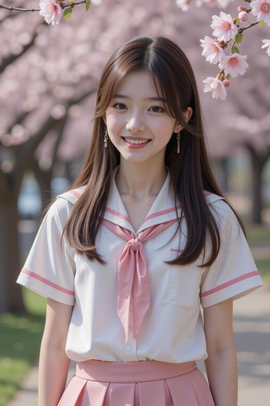 HDR photo of cinematic film still, young girl,school uniform,pink skirt,smile,solo,long hair,looking at viewer,peach tree,peach blossom,petals,closed mouth,