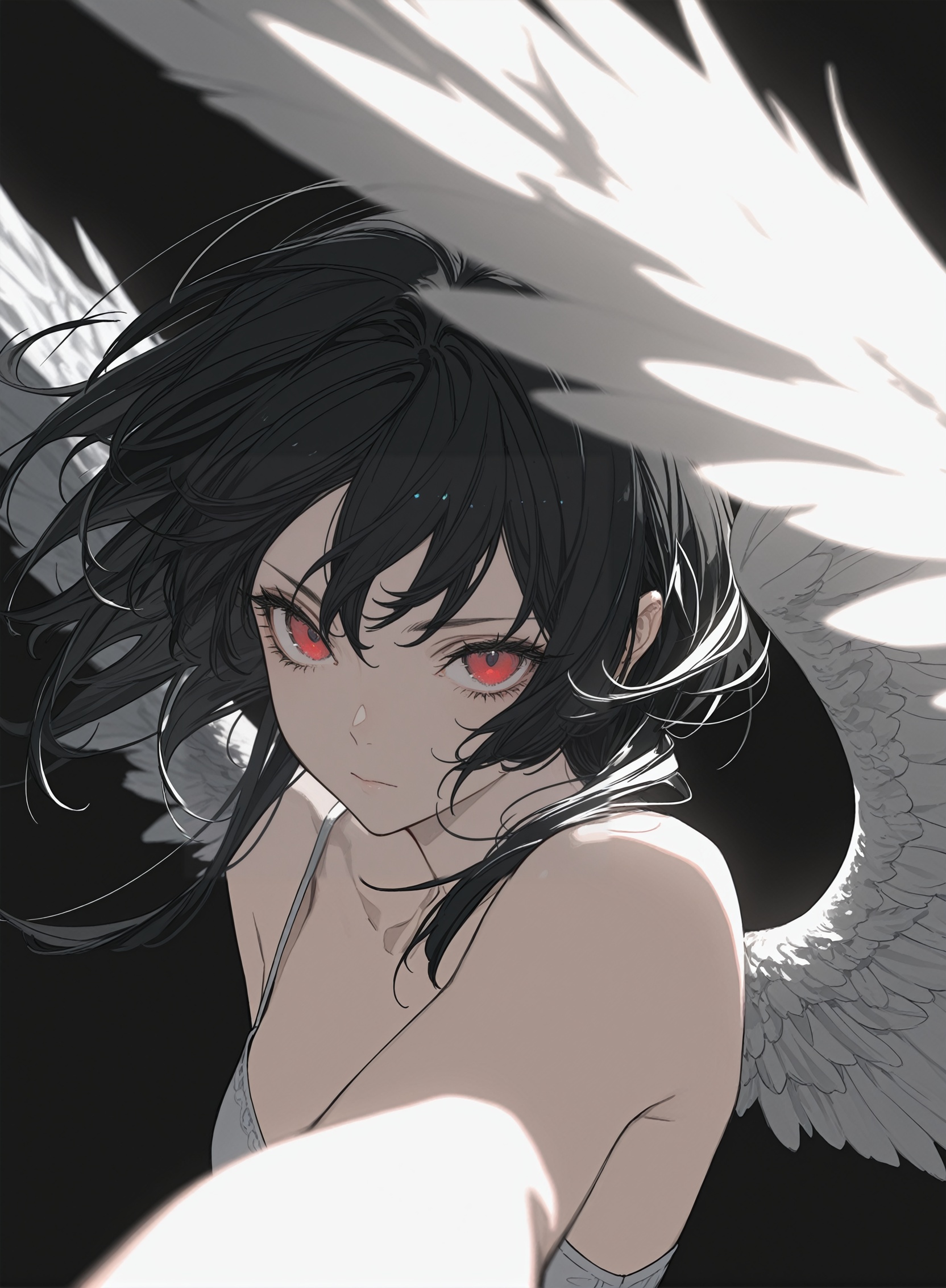 rtist:miv4t,(artist:yoneyama mai:0.8),(artlist:betabeet:0.8),(artist:rella:0.6),(artist:wanke:0.6),(artist:xilmo:0.6),masterpiece,best quality,amazing quality,newest,solo,1girl,masterpiece, best quality,high quality, newest, highres,8K,HDR,absurdres, fly_illu,flat color, lineart, thick_outlines,solo, 1girl, red eyes, looking at viewer, breasts, upper body, black hair, wings, simple background, closed mouth, eyelashes, black background, feathered wings, floating hair, angel wings,foreshortening, dynamic pose, blurry foreground, depth of field,