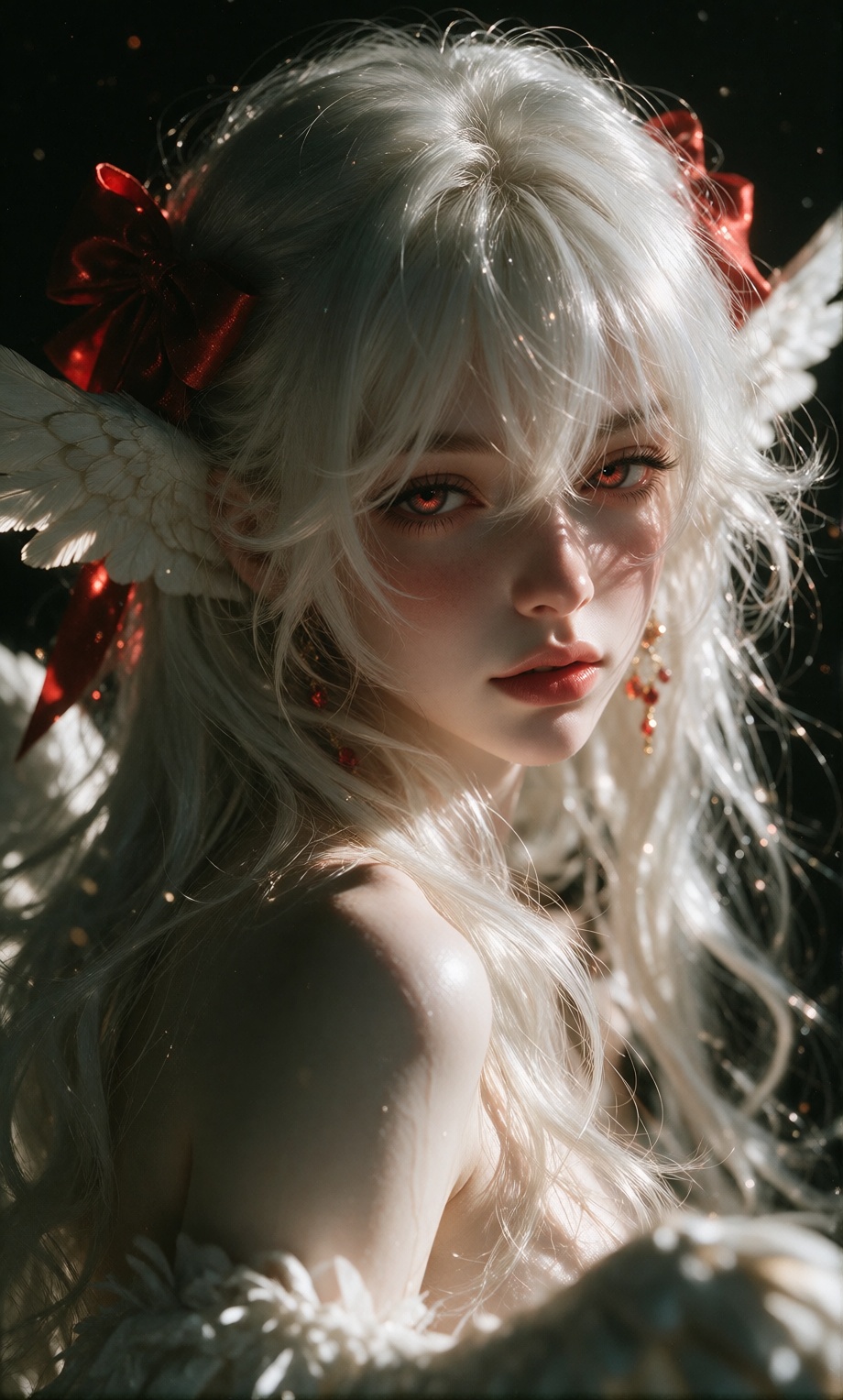 A young woman with long,  flowing white hair adorned by a vibrant red bow and delicate white feathered wings partially obs...