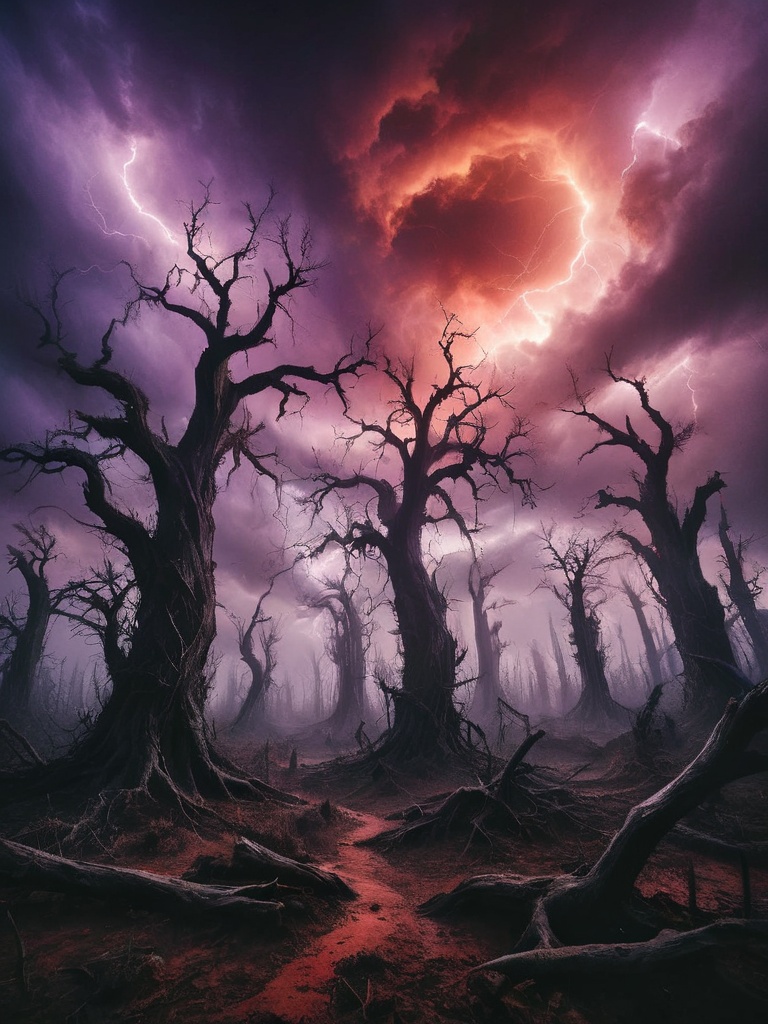 paranormal Photograph of ((a desolate landscape of twisted,  blackened trees,  their gnarled branches reaching up like ske...