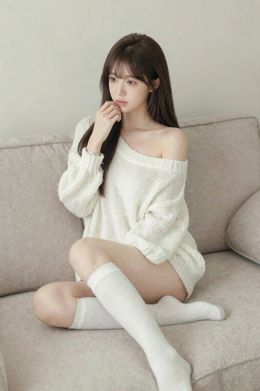 <lora:20260207_TinZITGirlLoraB:1>, This is a high-resolution photograph of a young Asian woman sitting on a beige sofa in a minimalist, well-lit room. She has a fair complexion, long, straight dark brown hair with bangs, and a slender physique. She is wearing an oversized, off-the-shoulder white knit sweater that drapes loosely over her shoulders and arms, revealing her collarbone and upper chest. Her long legs are bare except for white thigh-high socks that reach just below her knees. She accessorizes with a silver bracelet on her right wrist and a delicate necklace around her neck. Her expression is soft and slightly contemplative, with her right hand resting near her lips, and her left hand resting on her thigh. The background is simple, featuring a neutral-colored wall and a beige sofa with a textured fabric. The overall aesthetic of the image is modern and minimalistic, emphasizing the subject's delicate features and the soft, cozy texture of her sweater.