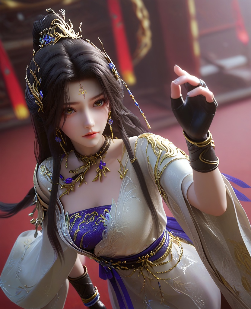 (oriental architecture, elegant decor, sophisticated style:1.1),(Legs up, arms bent,:1.1),(From a high-angle vantage point, looking downwards:1.1),(large breasts:1.2),<lora:XL16云深不知梦羲和缉魔司:0.95>,missxihe,white dress with tulle skirt,brown eyes,forehead mark,black hair,very long hair,half-up braid with long cascading hair,hair ornament,jewelry,earrings,black fingerless gloves,white thigh boots,wide flowing sleeves,blue violet bandeau,sash,, score_9,score_8_up,score_7_up,score_6_up,score_5_up,score_4_up,3d rendering,tag1,tag2, Cinematic Lighting,backlighting,