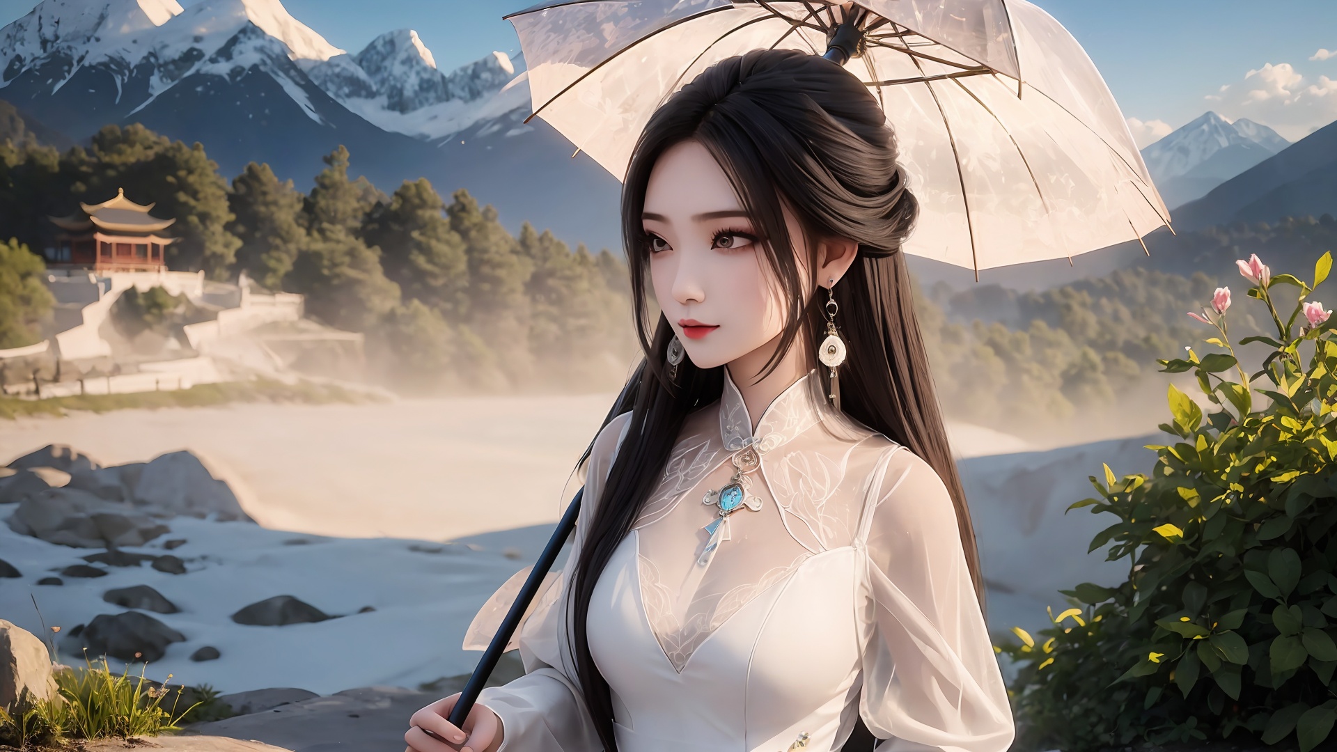 1girl, umbrella, solo, dress, white dress, holding umbrella, jewelry, long hair, black hair, holding, outdoors, chinese clothes, mountain, earrings, necklace, long sleeves<lora:girl solo luxueqi_20240911015355:0.6>,<lora:SD1.5泛光调节_v1.0:0.5>,