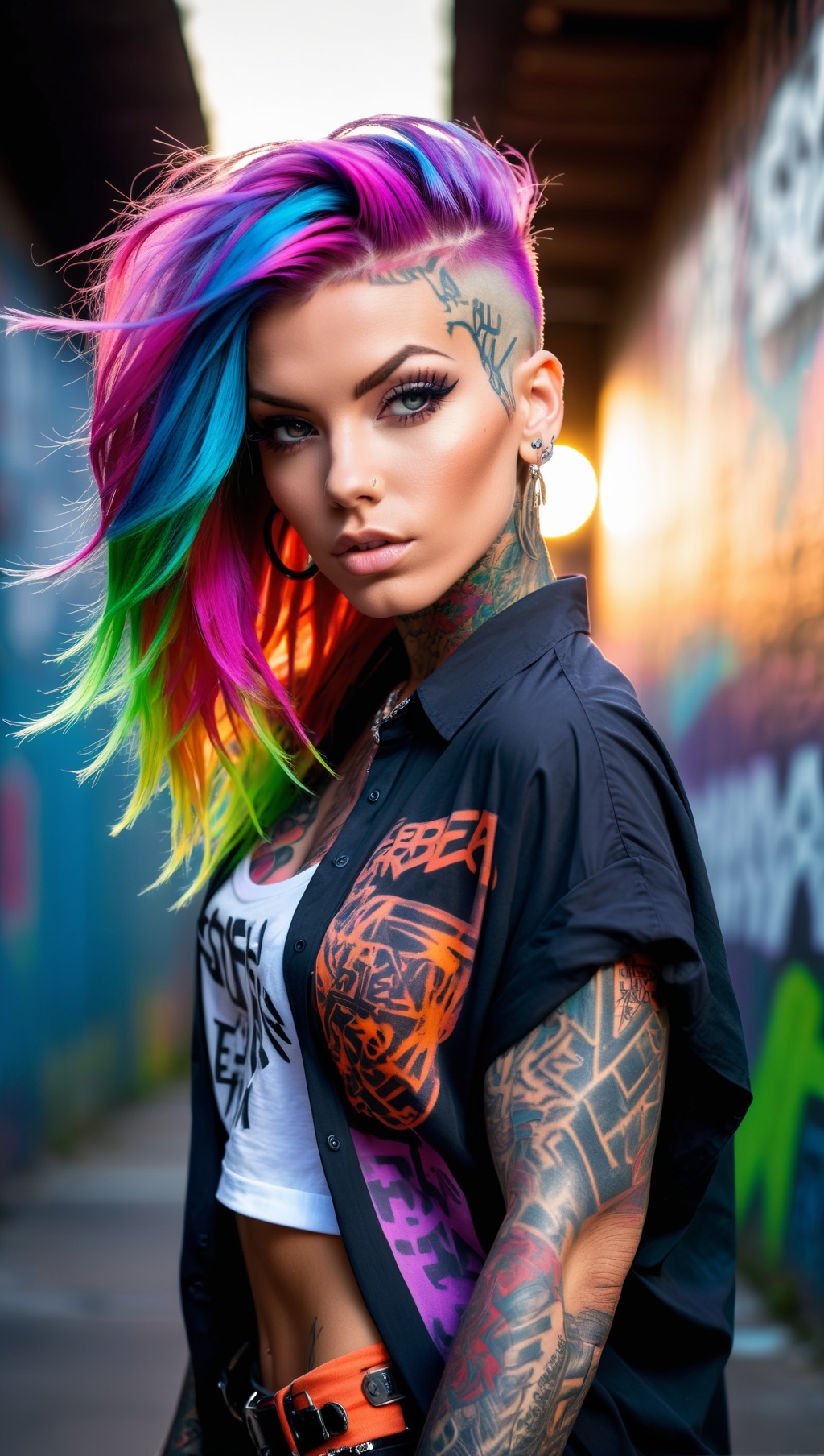 upper body portrait,  raw essence of a tattooed street style icon,  rebellious energy on Tensor.Art