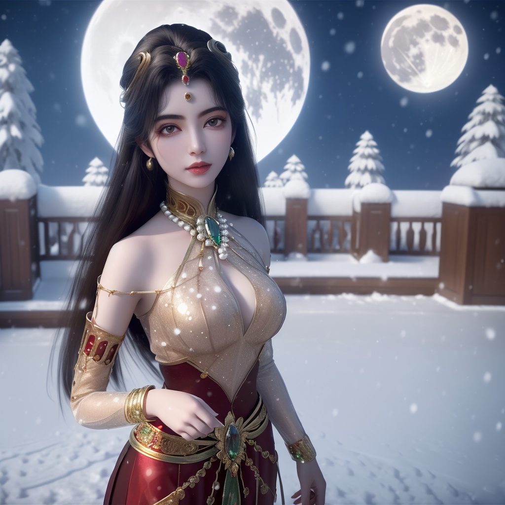 <lora:780-DA-神澜奇域-主持人:0.8>, (,1girl, ,best quality, ),looking at viewer,  ultra realistic 8k cg, picture-perfect face,   clean, masterpiece,     cinematic lighting, cinematic bloom, fantasy,  , unreal, science fiction, ((,1girl, pov,))(((,tree, 1girl, full moon,snowing,snow ,solo,     solo focus,  long_hair, looking_at_viewer,  )))  (rich:1.4,)     prestige, luxury, jewelry, diamond, gold, pearl, gem, sapphire, ruby, emerald, intricate detail, delicate pattern, charming, alluring, seductive, erotic, enchanting, hair ornament, necklace, earrings, bracelet, ,