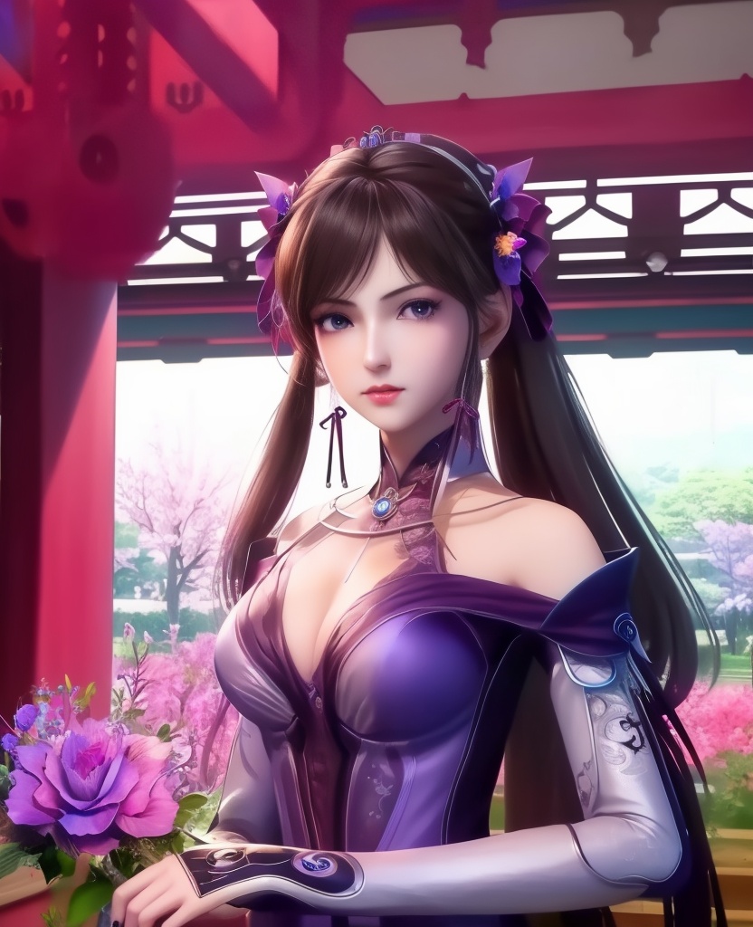 <lora:561-DA-炼气十万年-孔炎:0.8>(,1girl, ,best quality, ),looking at viewer,,anime,(masterpiece, top quality, best quality, official art, beautiful and aesthetic:1.2), (1girl)	, , (cleavage),extreme detailed,(fractal art:1.3),colorful, flowers ,highest detailed,()    (cleavage), (),