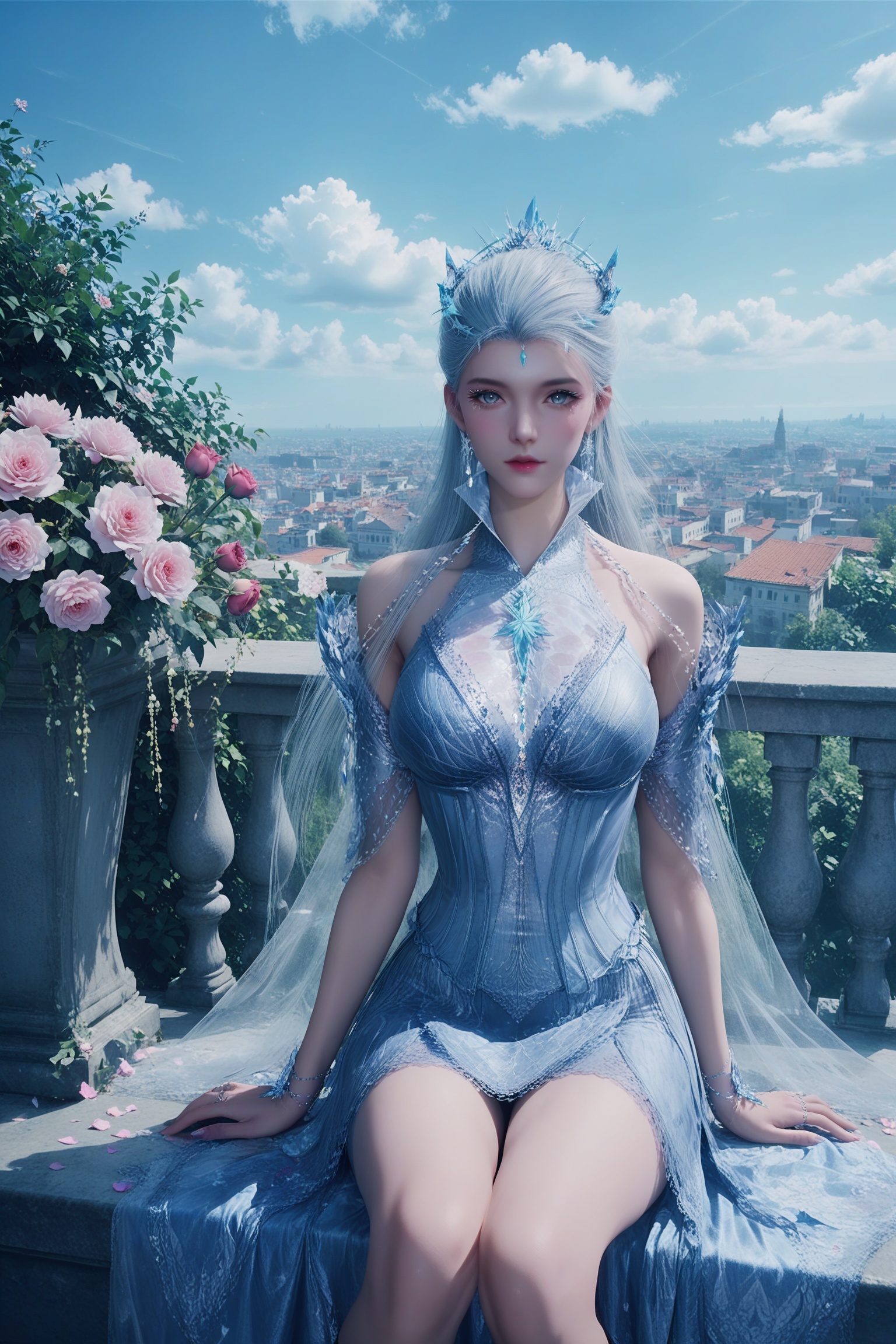 score_9,score_8_up,score_7_up,score_6_up,1girl,solo,looking at viewer,flower,sky,star_ (symbol),rose,star_ (sky),different flowers,(huge flowers),a small amount of fluttering petals,sitting on the balcony,Hands on knees,looking at viewer,hand up, <lora:斗罗大陆2-雪帝Pony:0.7>,1girl,long,flowing silver hair,a delicate,silver tiara on head,