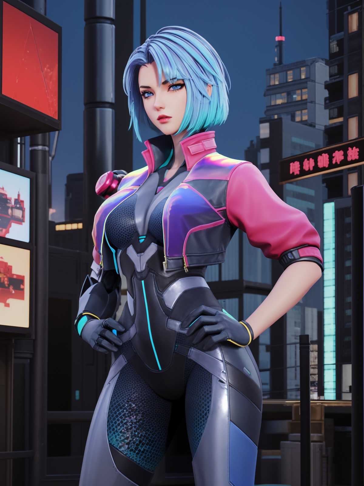 WZRYjingNGZYZ, 1girl, solo, cyberpunk, cyborg, blue hair, short hair, science fiction, gloves, looking at viewer,bodysuit, cropped jacket, blue eyes, multicolored hair, boots, <lora:WZRYjingNGZYZ:0.75>,cityscape, night, hand on hip, 